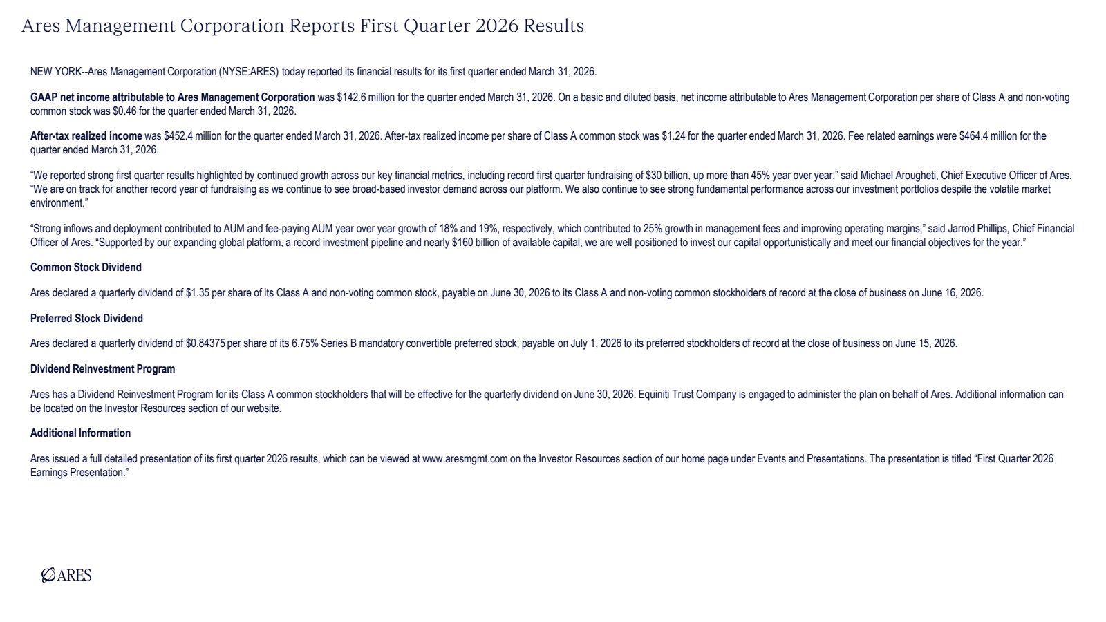 Ares Management's Q1 2026 Slide Deck