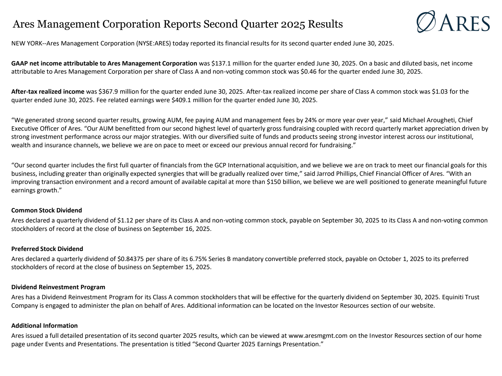 Ares Management's Q2 2025 Slide Deck