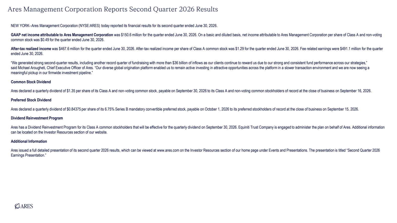 Ares Management's Q2 2026 Slide Deck