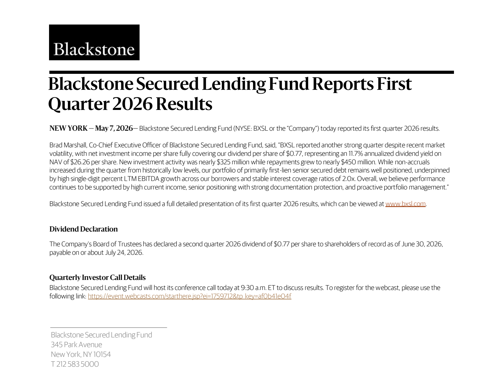 Blackstone Secured Lending Fund's Q1 2026 Slide Deck