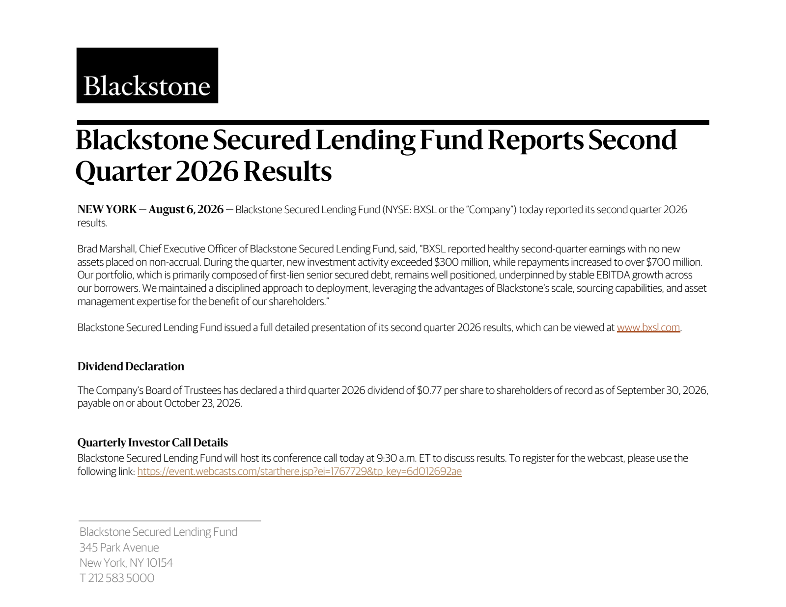 Blackstone Secured Lending Fund's Q2 2026 Slide Deck