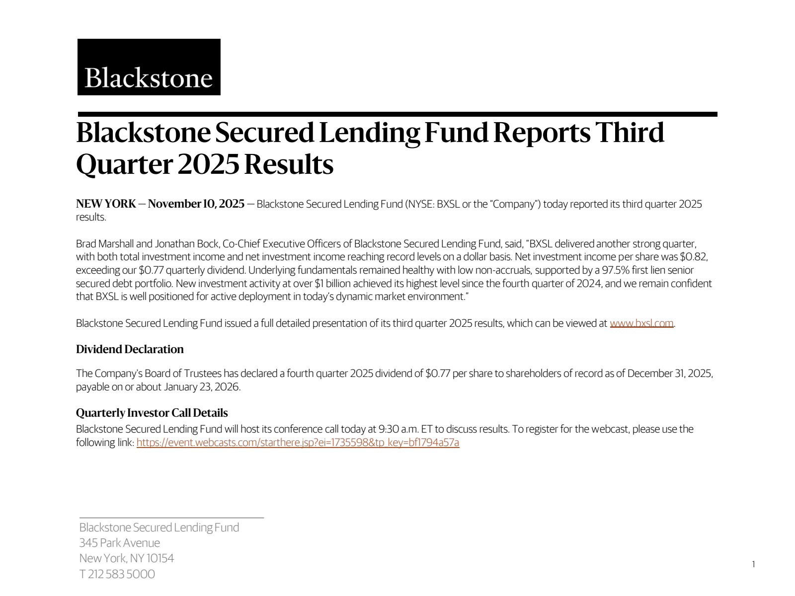 Blackstone Secured Lending Fund's Q3 2025 Slide Deck