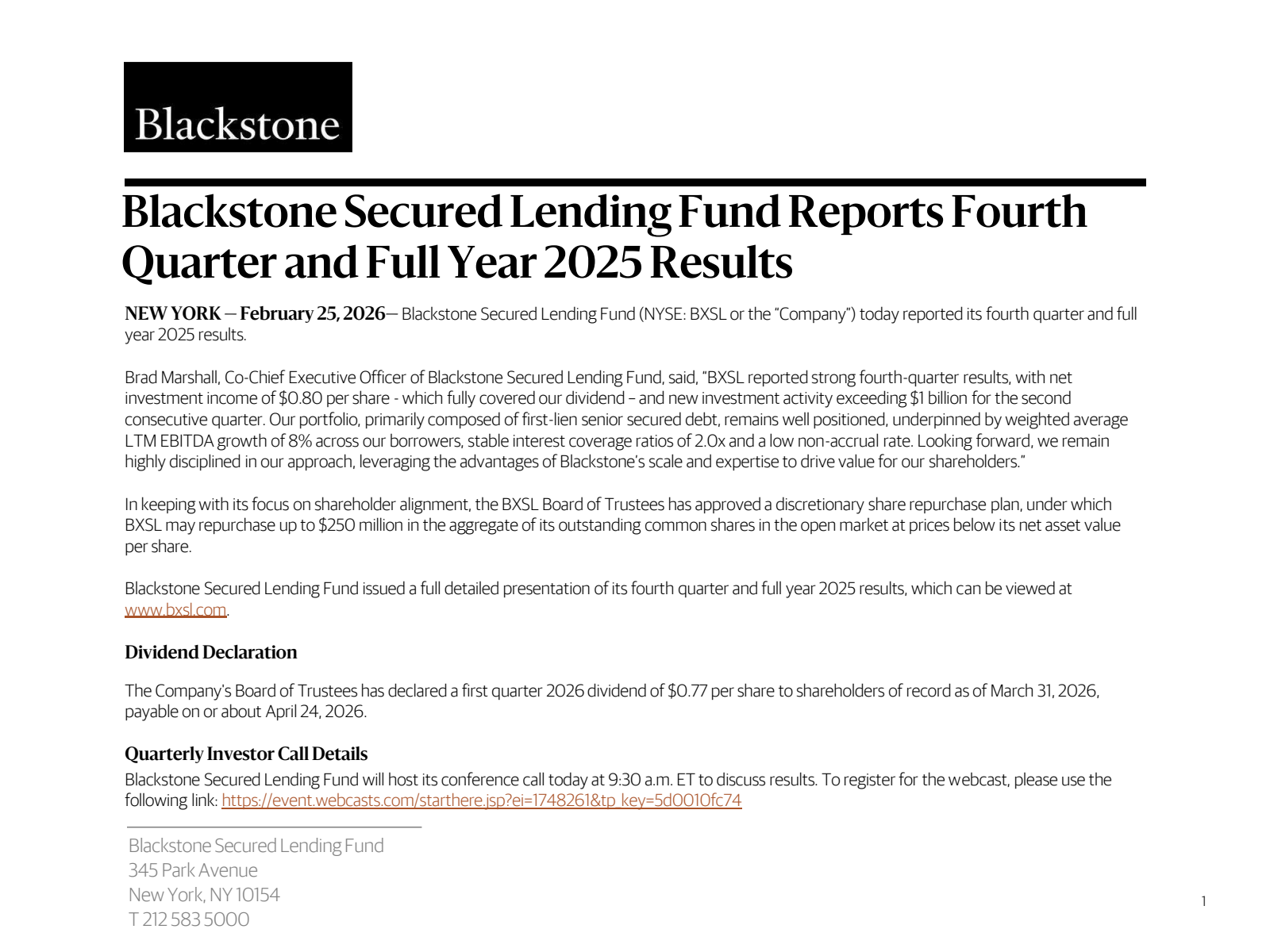 Blackstone Secured Lending Fund's Q4 2025 Slide Deck