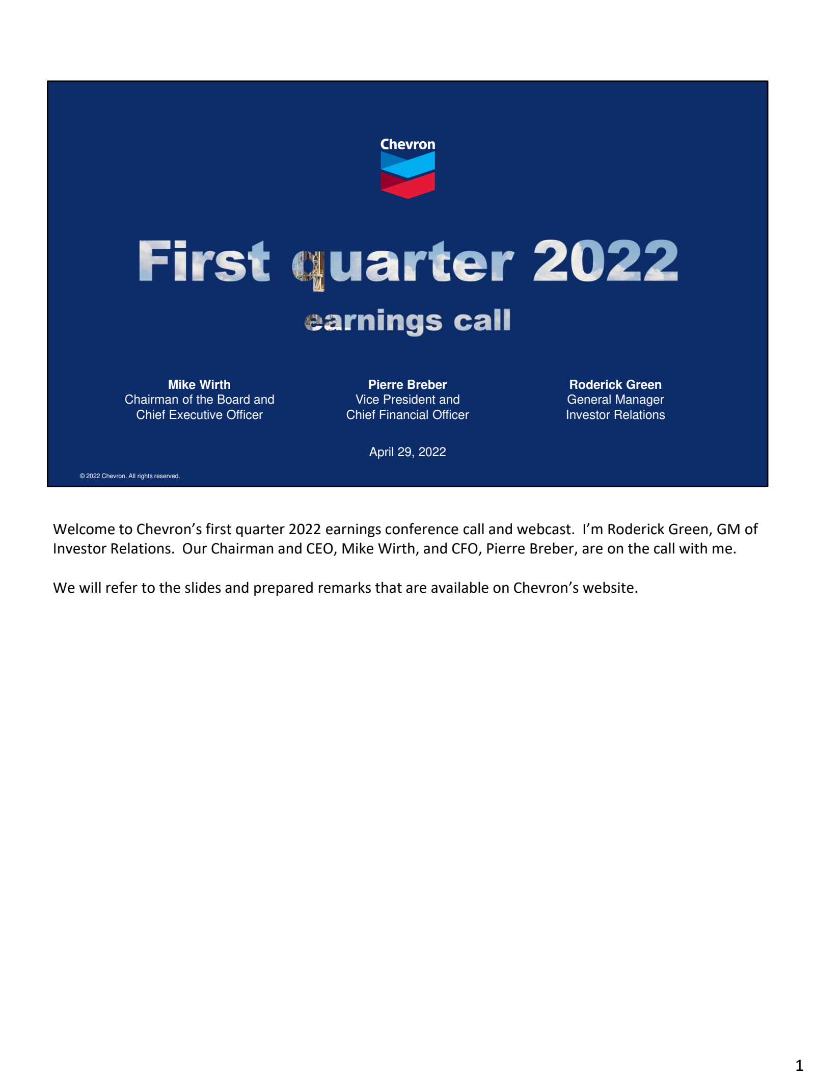 Chevron's Q1 2022 Slide Deck