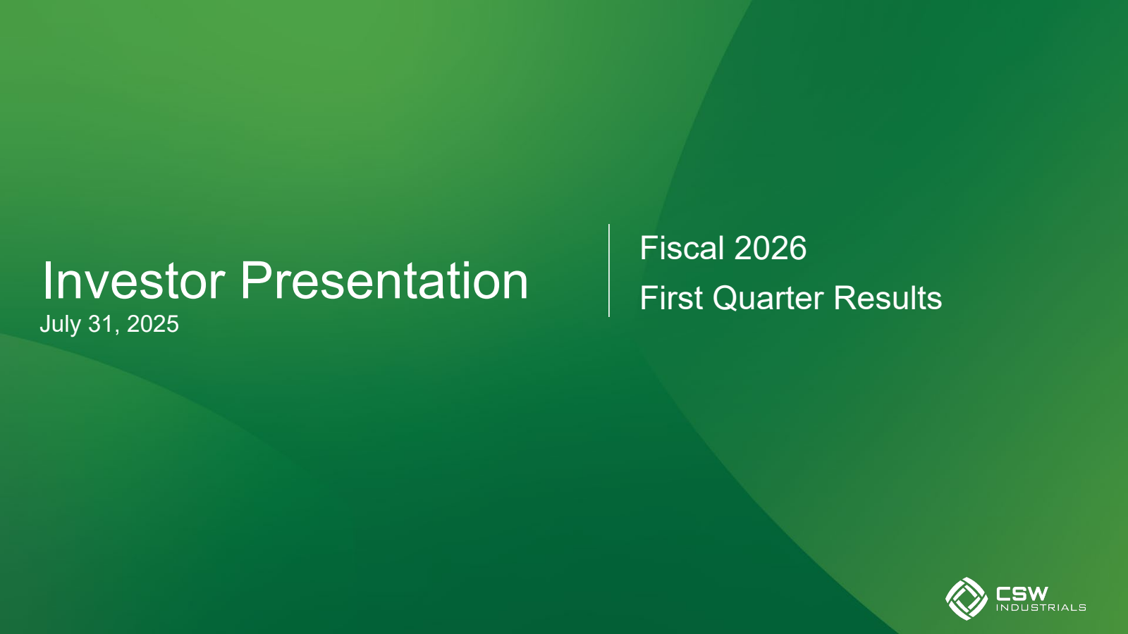 CSW Industrials' Q1 2026 Slide Deck