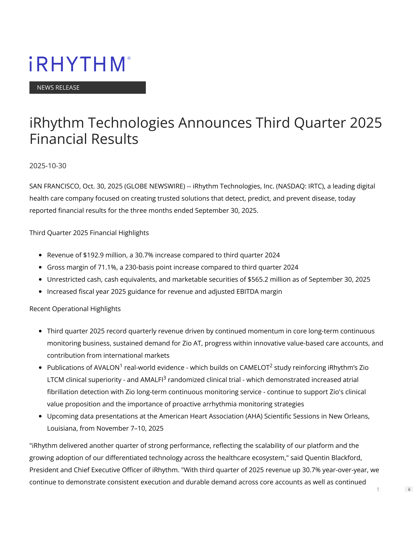 iRhythm Technologies' Q3 2025 Slide Deck