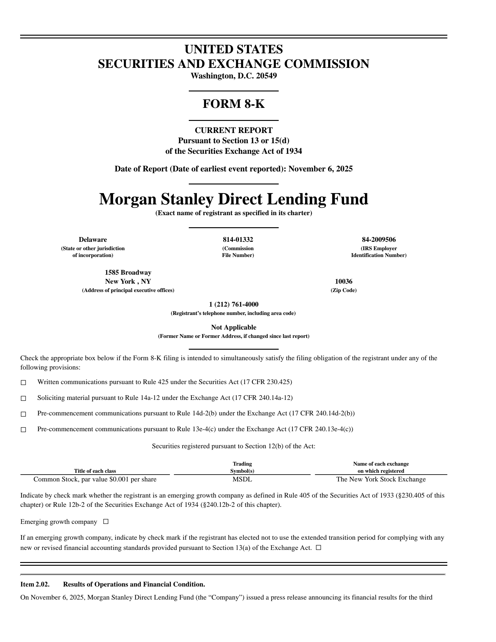 Morgan Stanley Direct Lending Fund's Q3 2025 Slide Deck