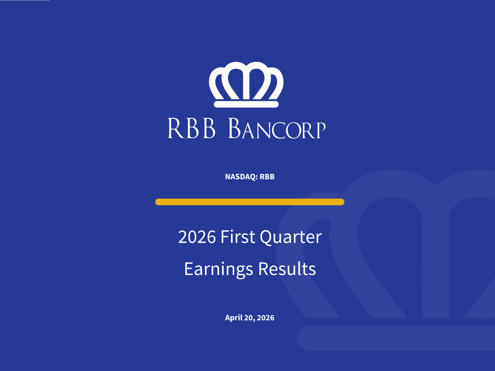 RBB Bancorp's Q1 2026 Slide Deck