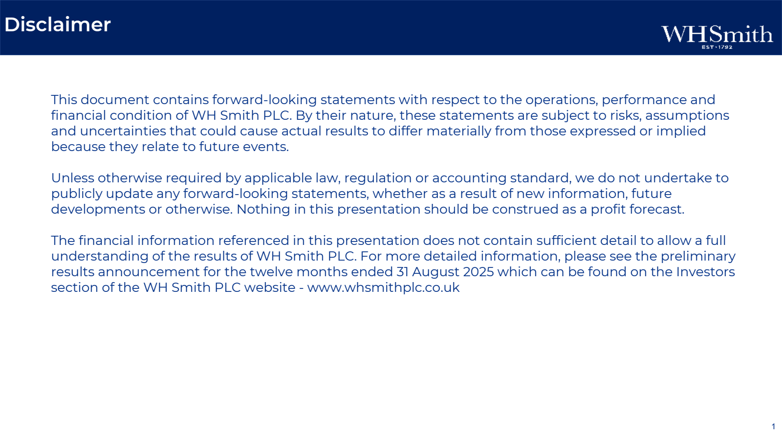 WH Smith's H2 2025 Slide Deck