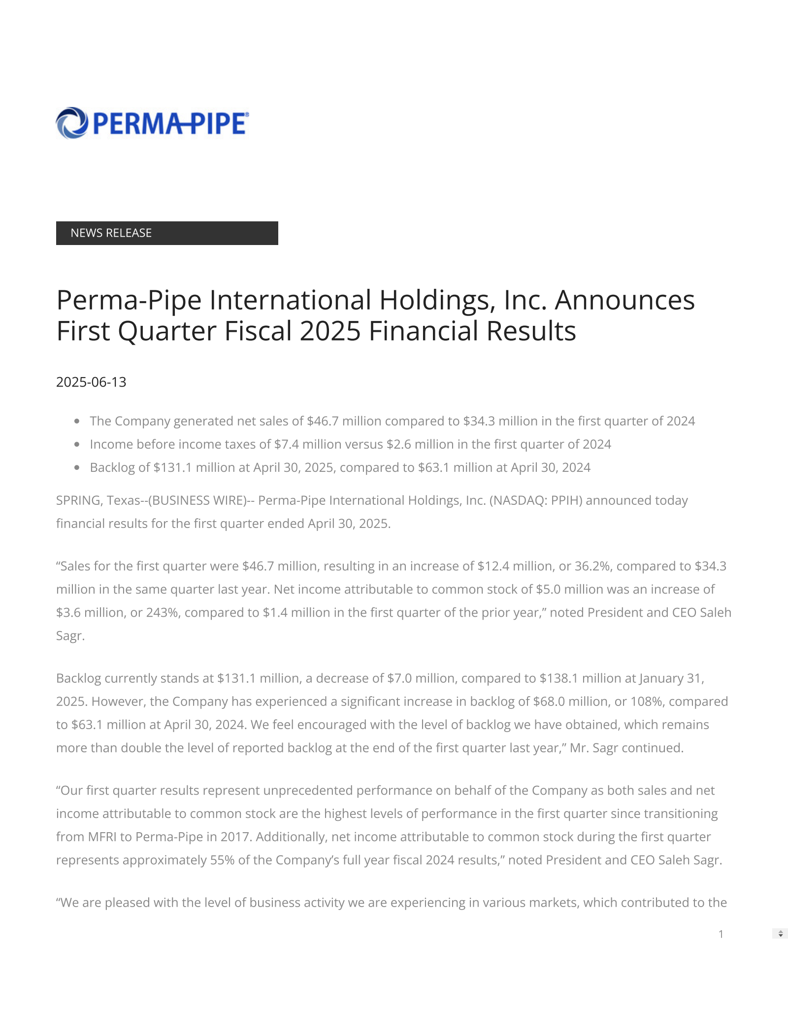 Perma-Pipe International's Q1 2026 Press Release