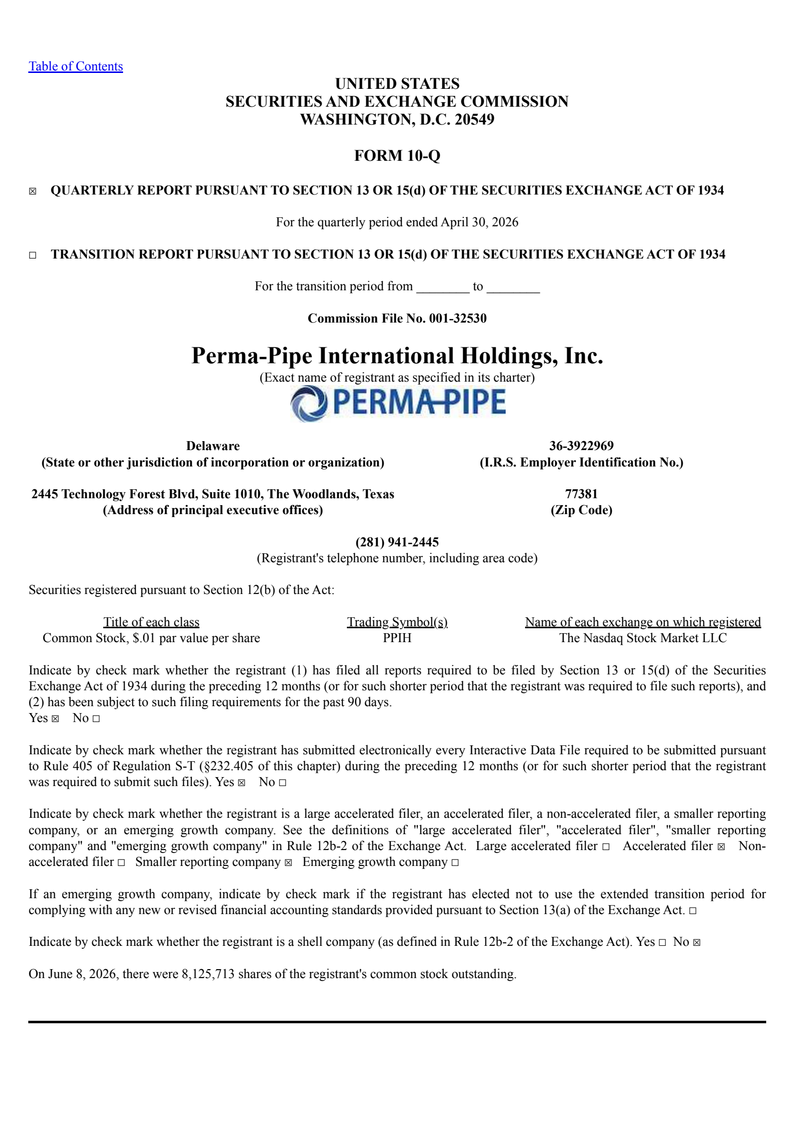 Perma-Pipe International's Q1 2027 Quarterly report