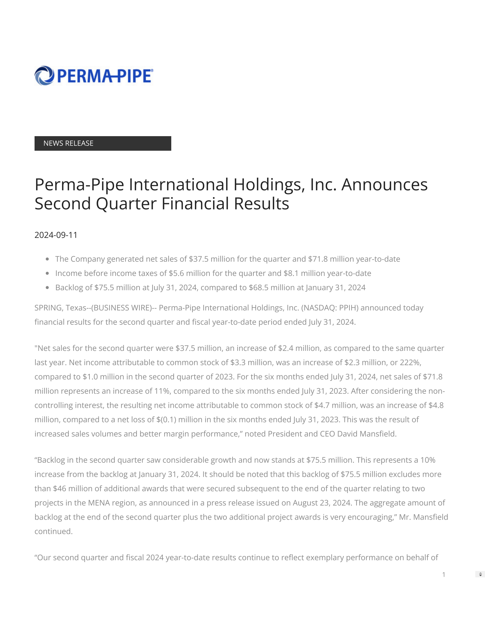 Perma-Pipe International's Q2 2025 Press Release