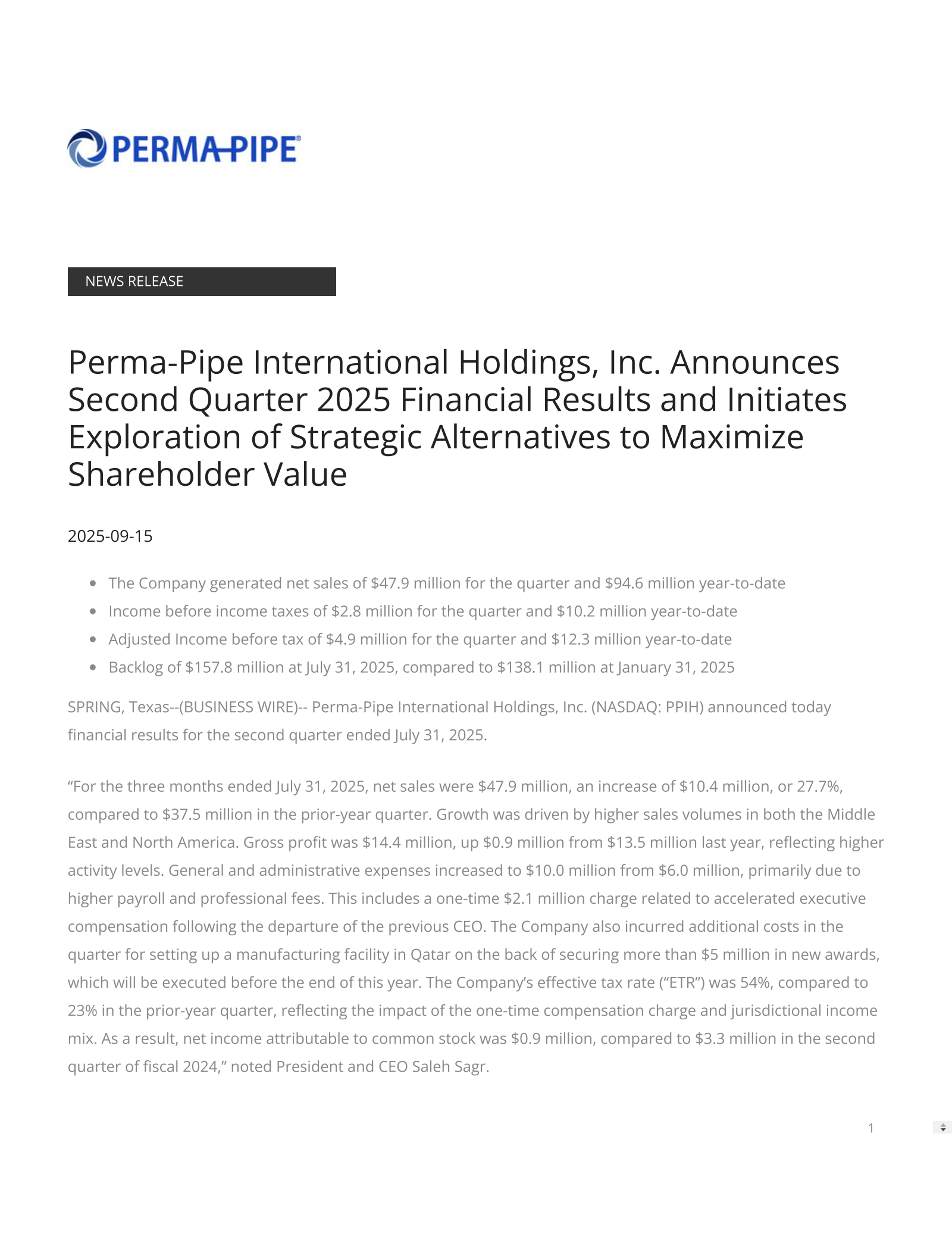 Perma-Pipe International's Q2 2026 Press Release