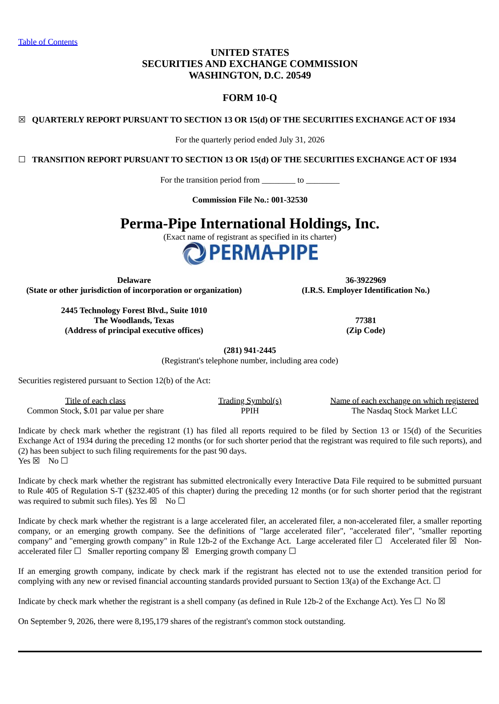 Perma-Pipe International's Q2 2027 Quarterly report