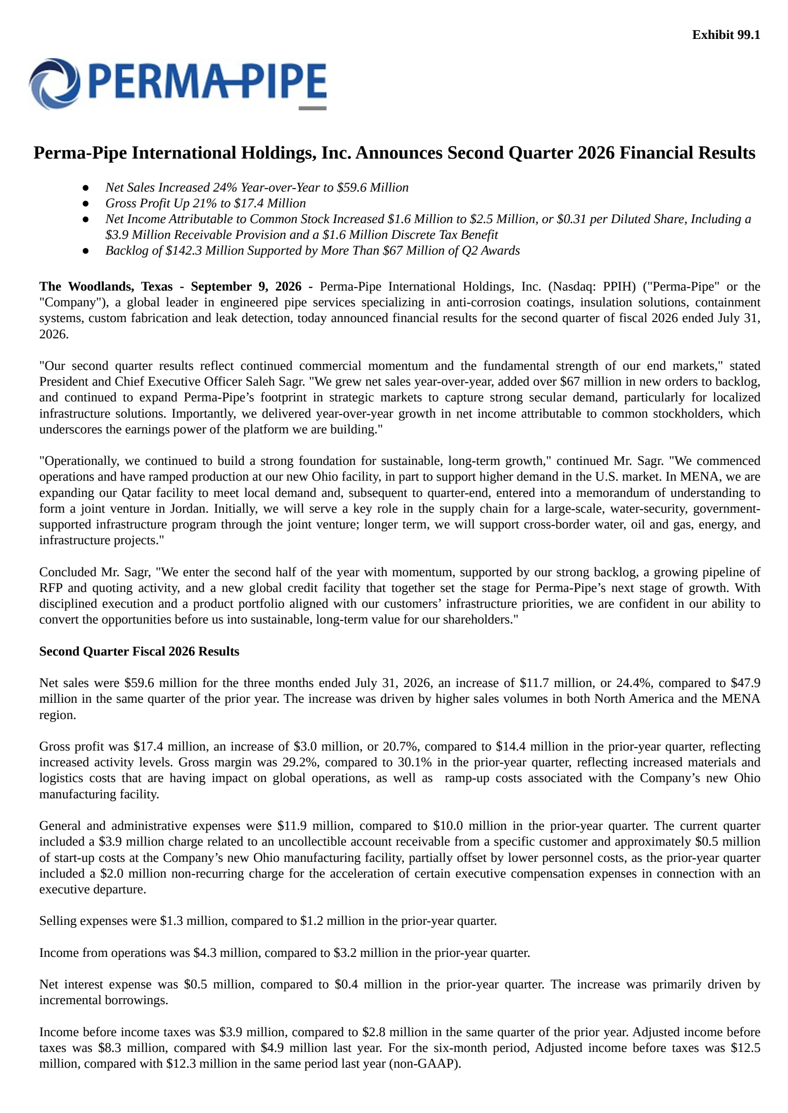 Perma-Pipe International's Q2 2027 Press Release