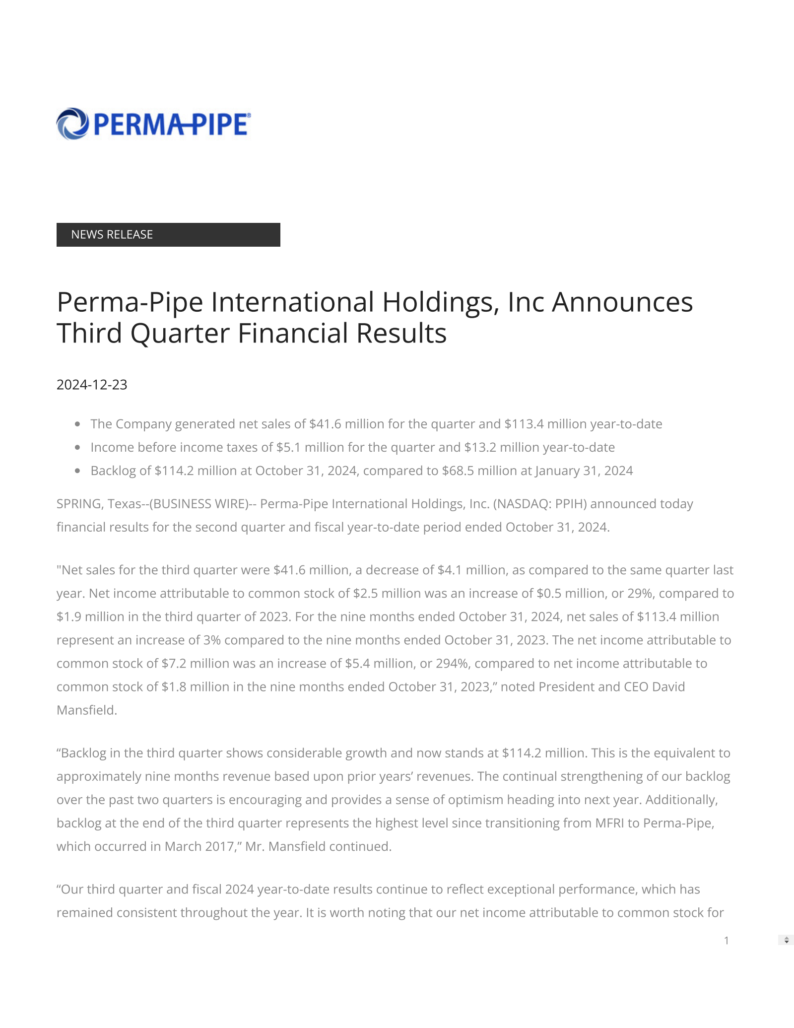 Perma-Pipe International's Q3 2025 Press Release