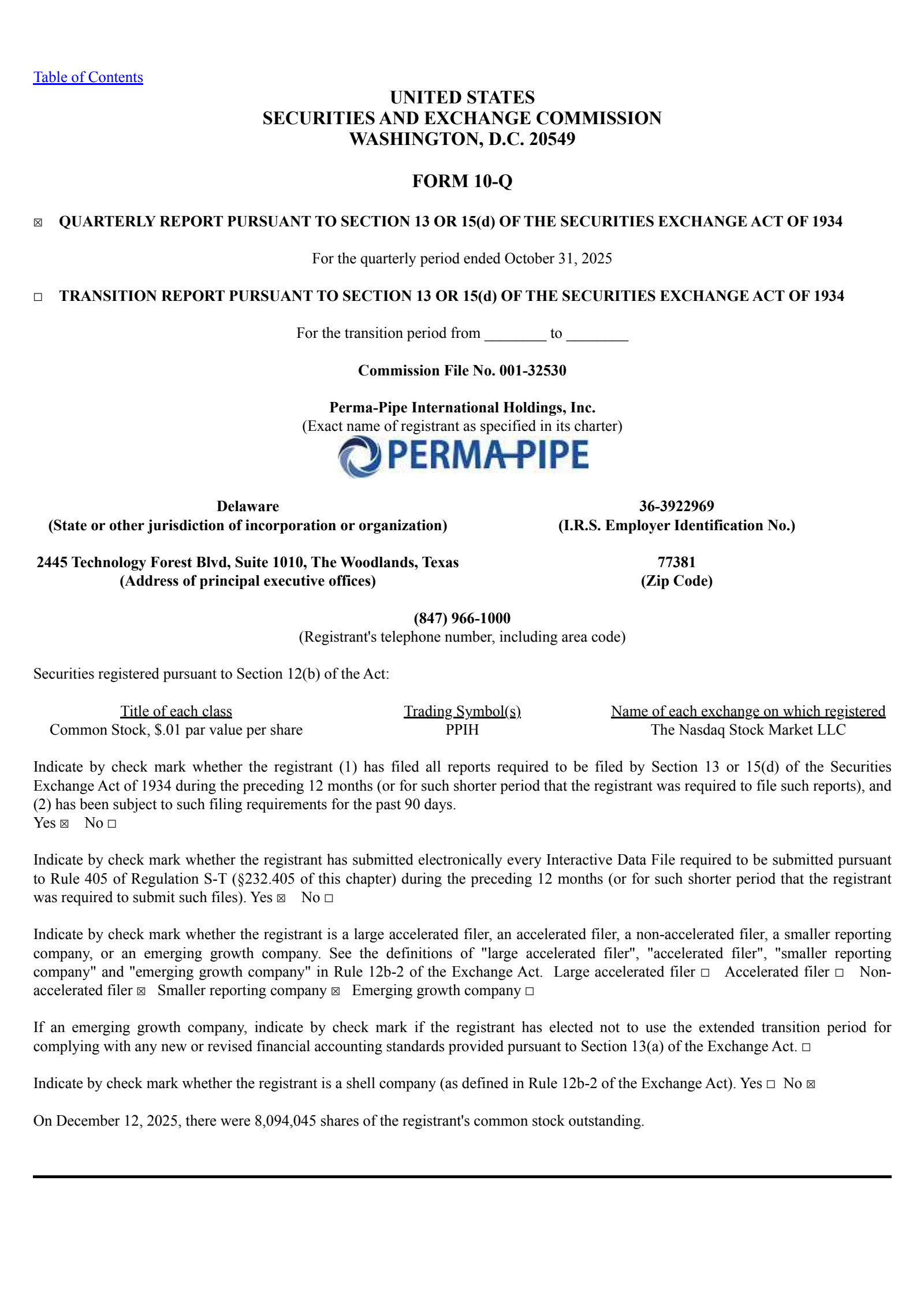 Perma-Pipe International's Q3 2026 Quarterly report