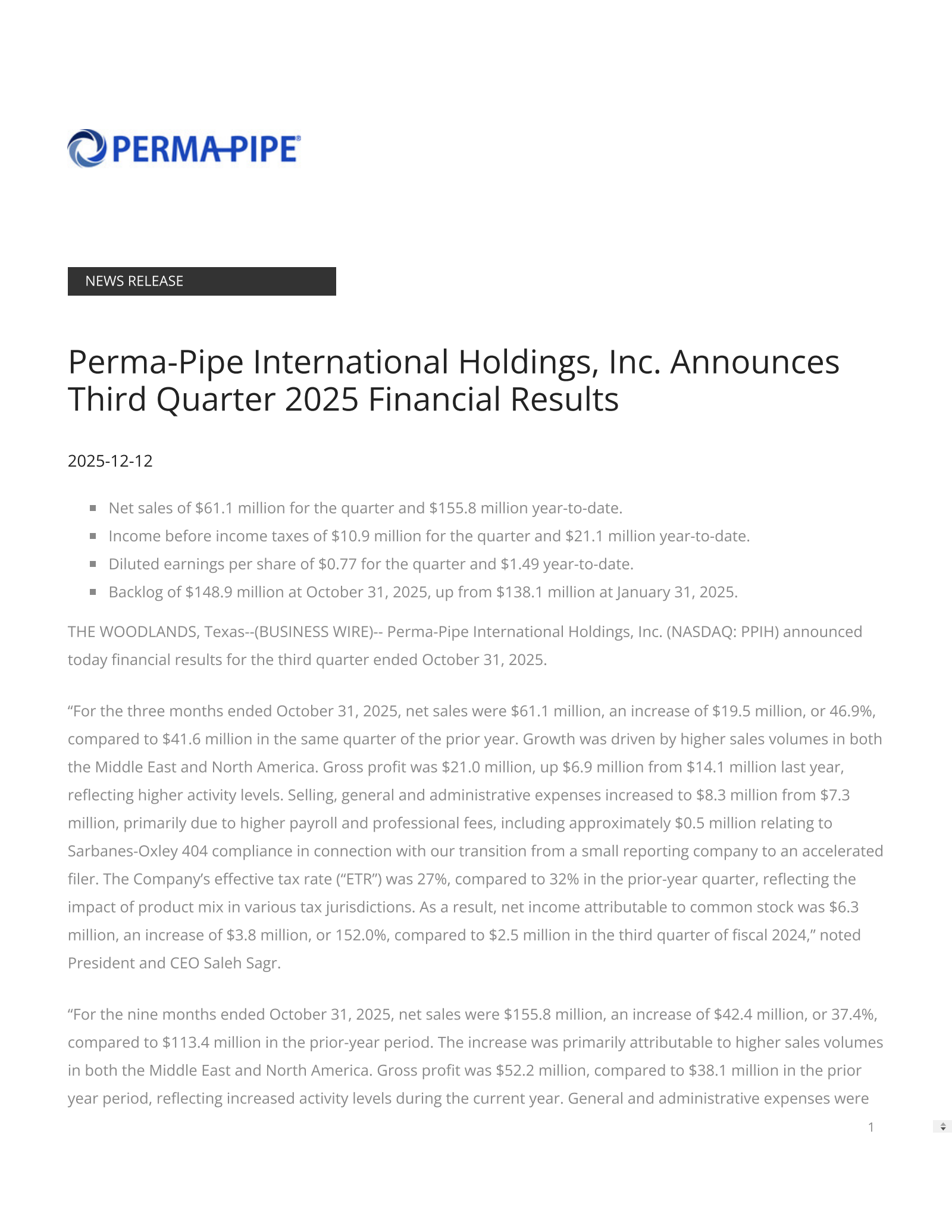Perma-Pipe International's Q3 2026 Press Release