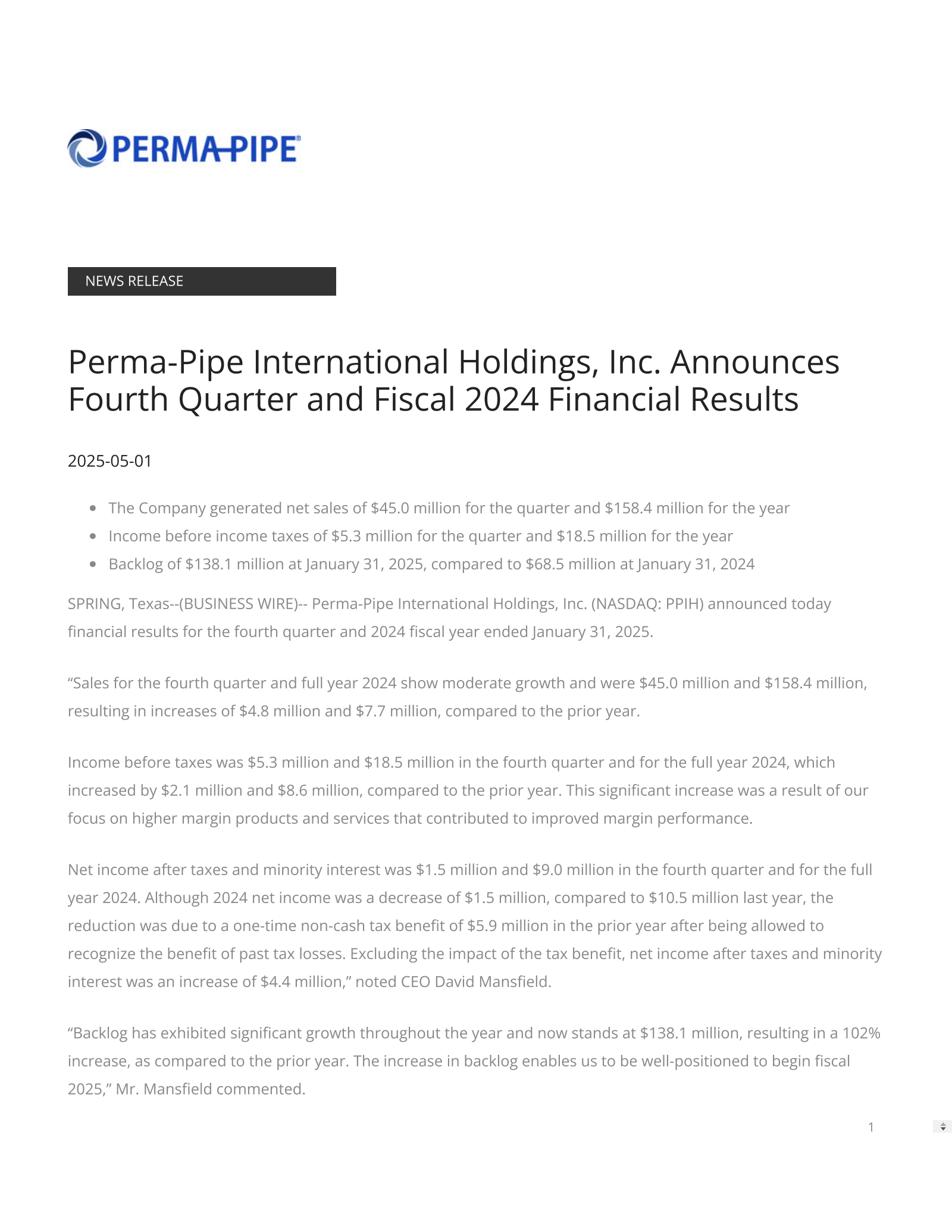 Perma-Pipe International's Q4 2025 Press Release