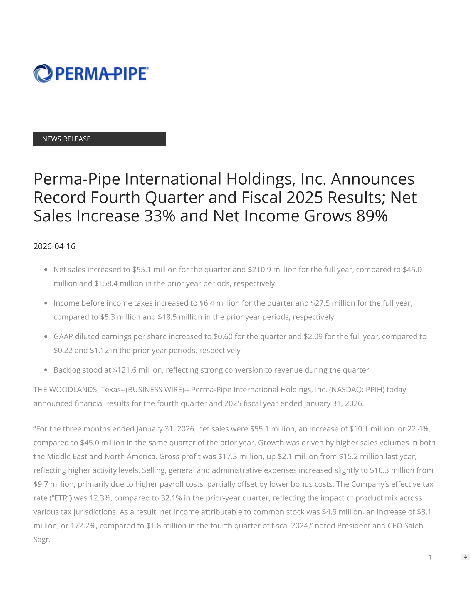 Perma-Pipe International's Q4 2026 Press Release