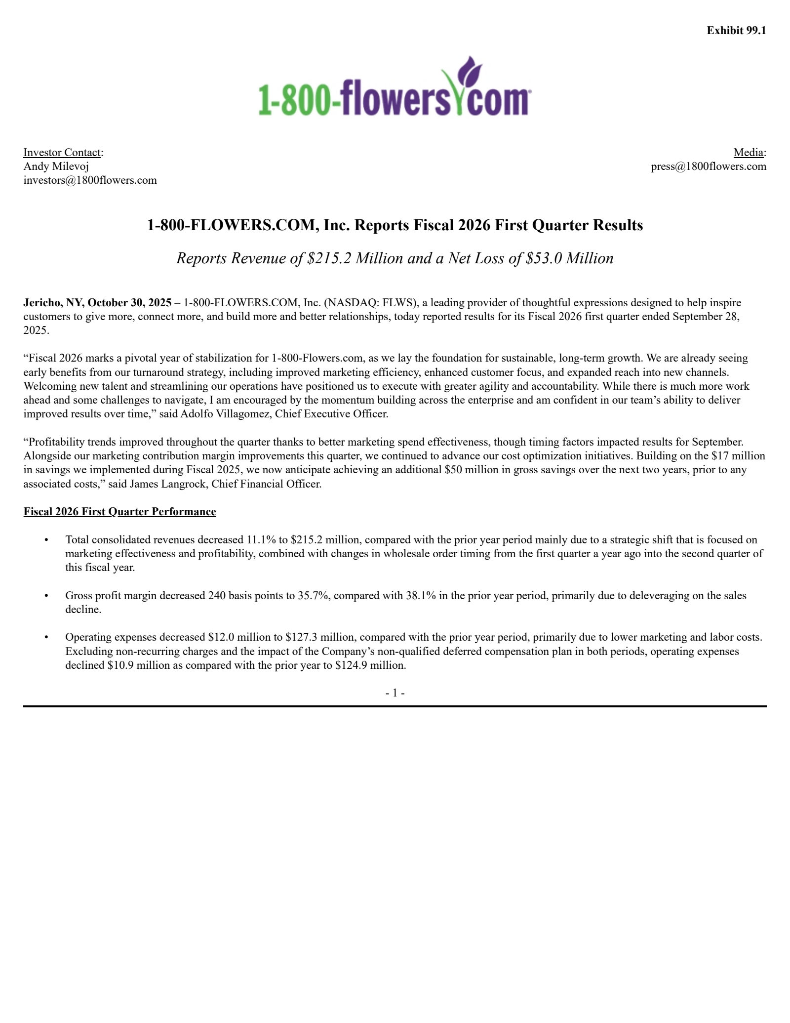 1-800 FLOWERS.COM's Q1 2026 Earnings Release