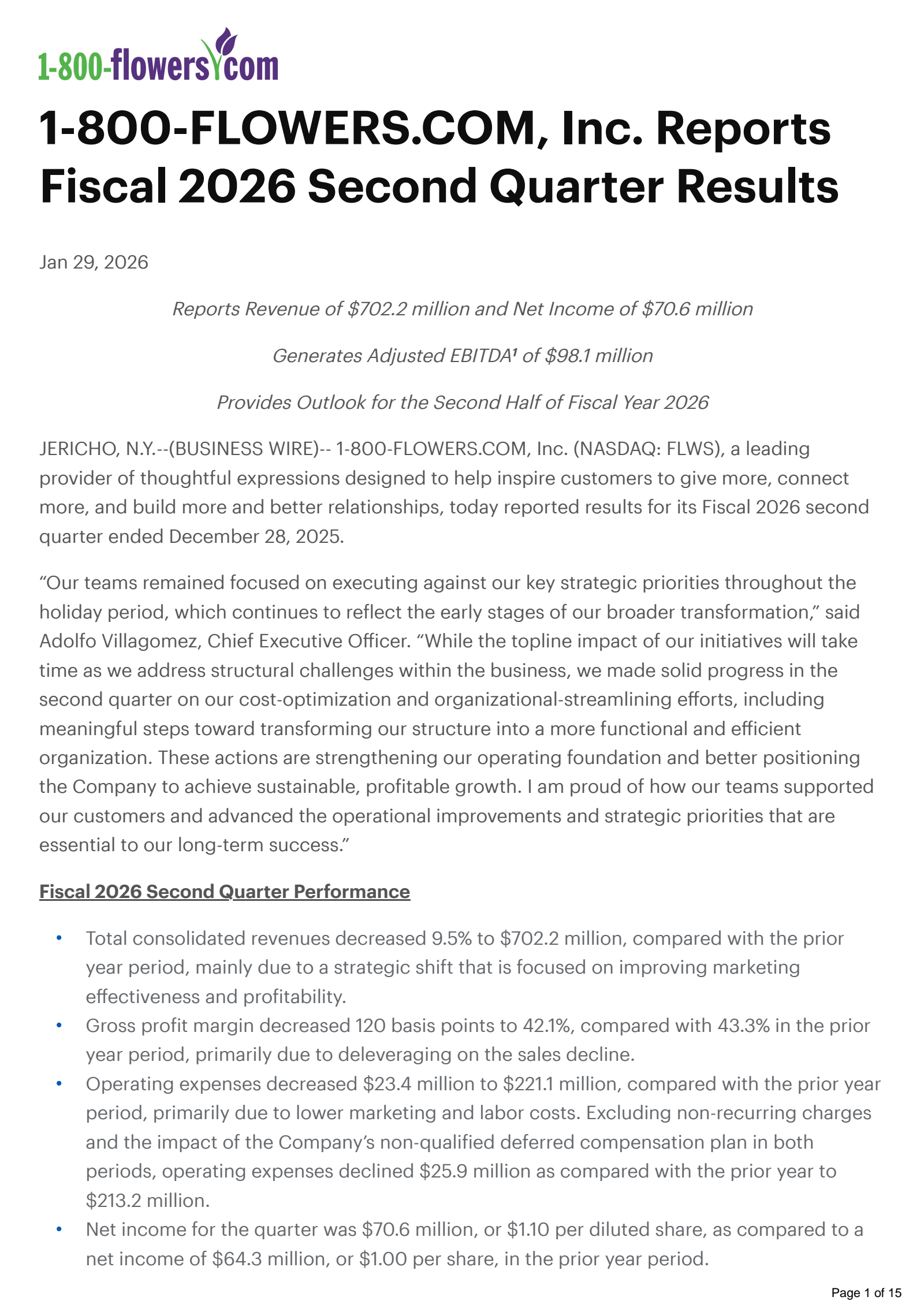 1-800 FLOWERS.COM's Q2 2026 Press Release