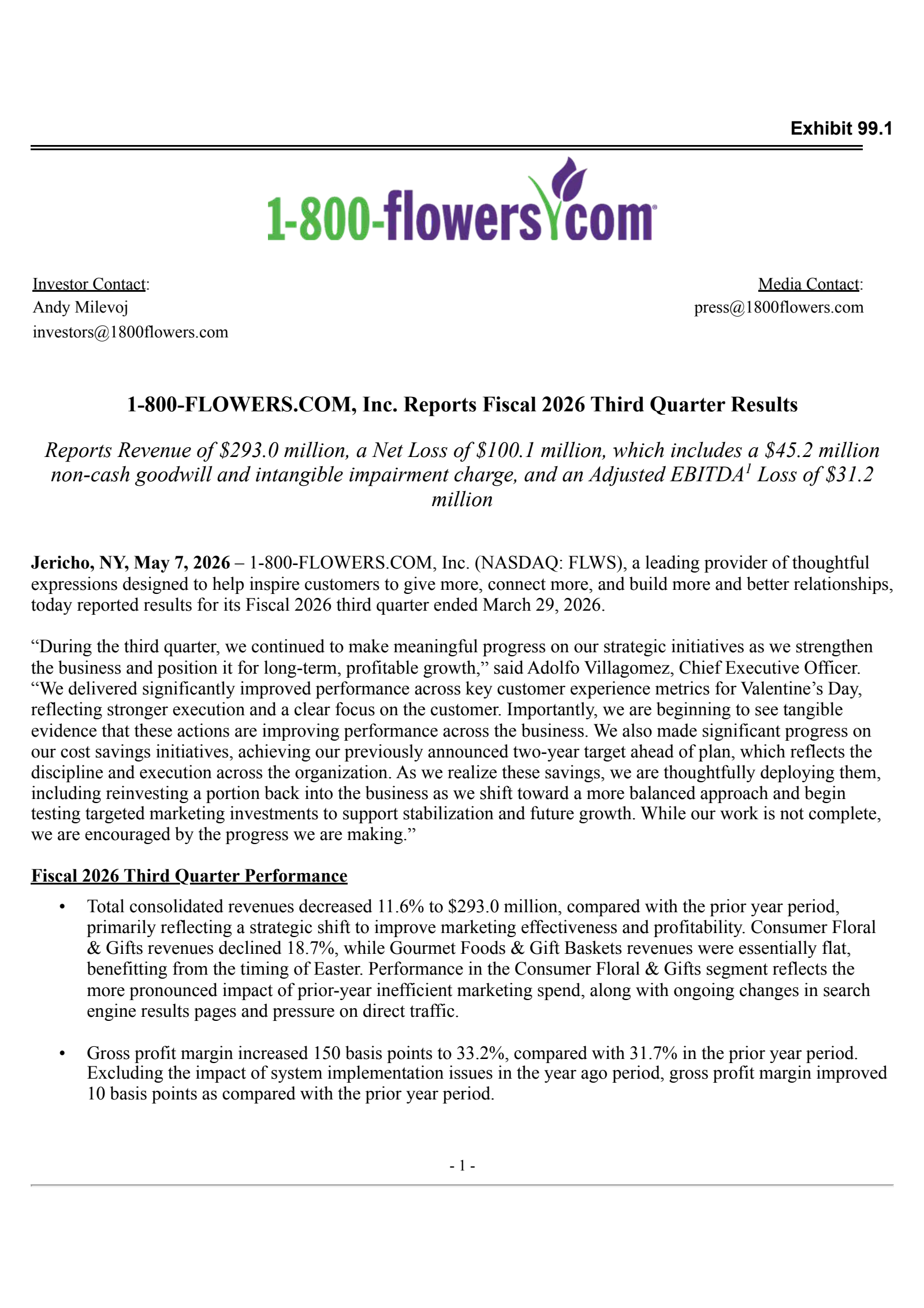 1-800 FLOWERS.COM's Q3 2026 Press Release