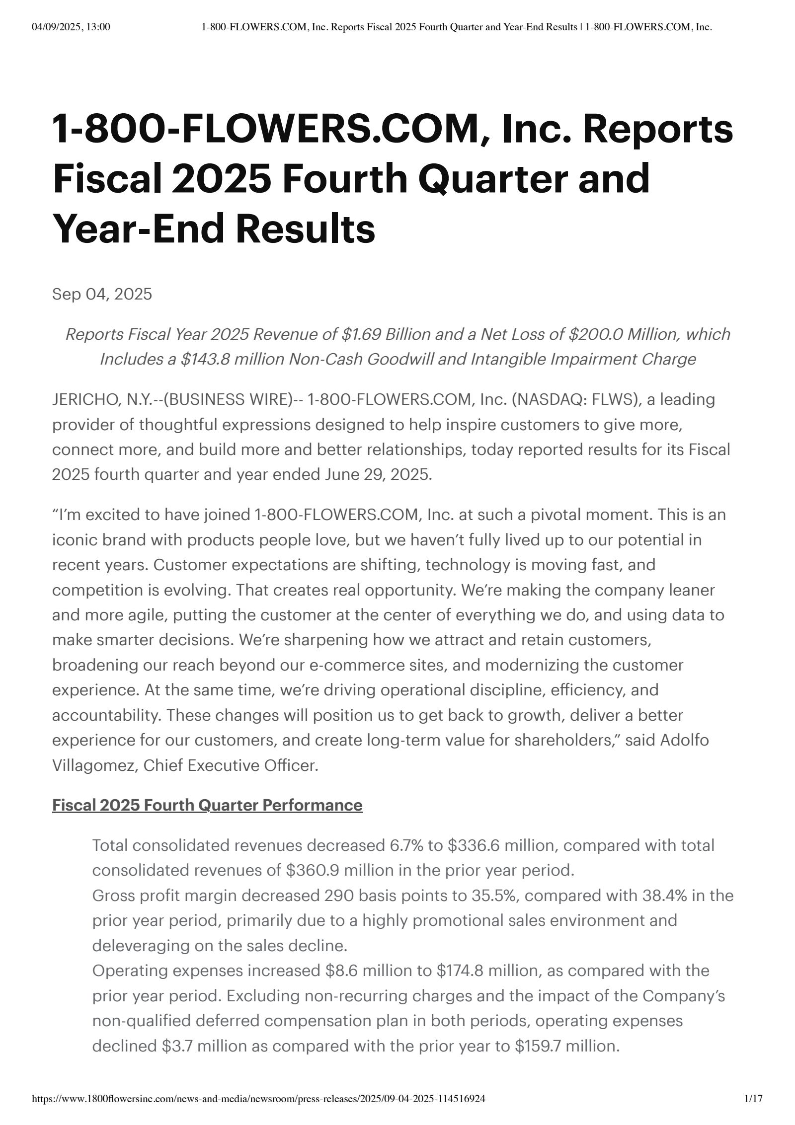 1-800 FLOWERS.COM's Q4 2025 Press Release