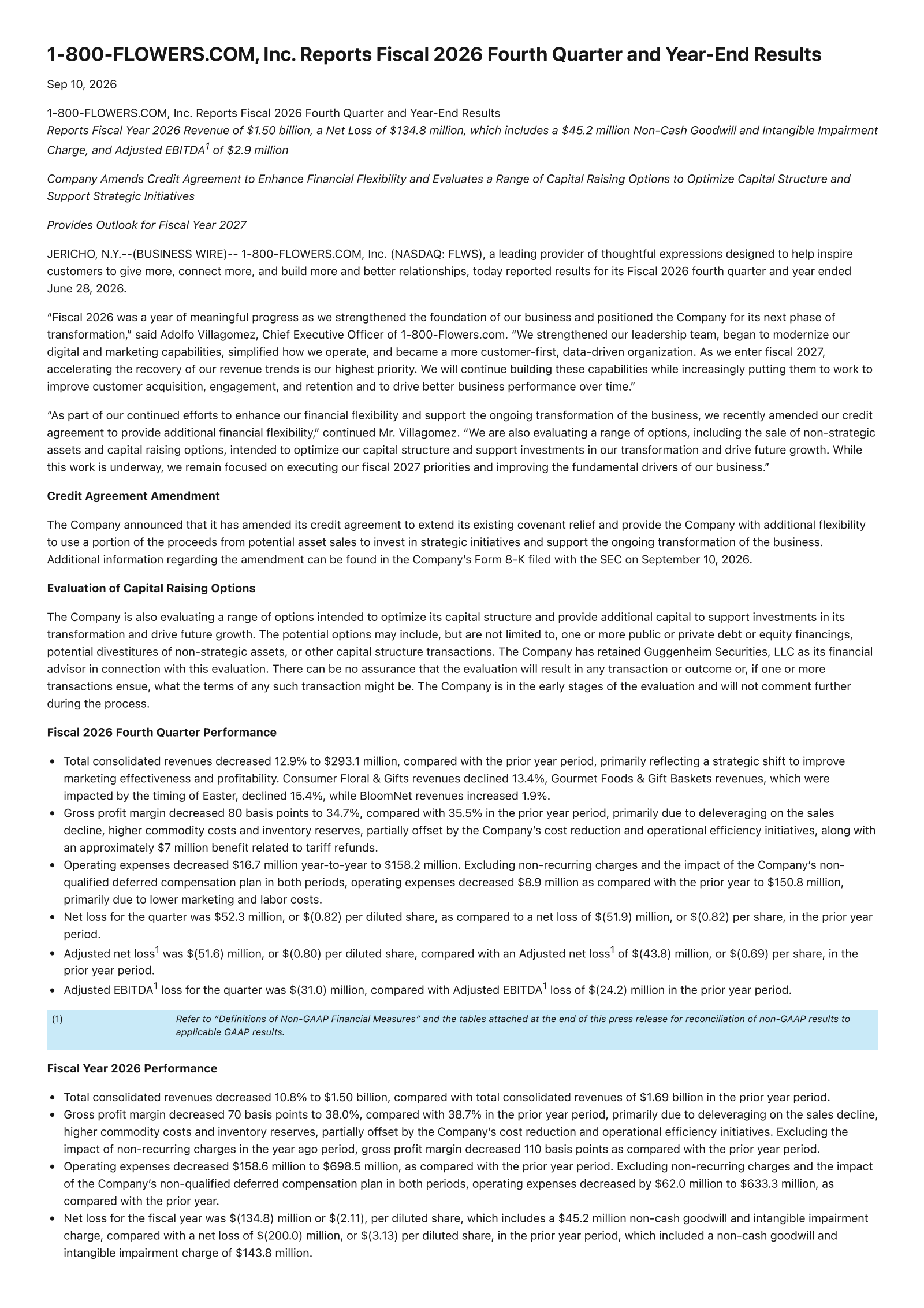 1-800 FLOWERS.COM's Q4 2026 Press Release