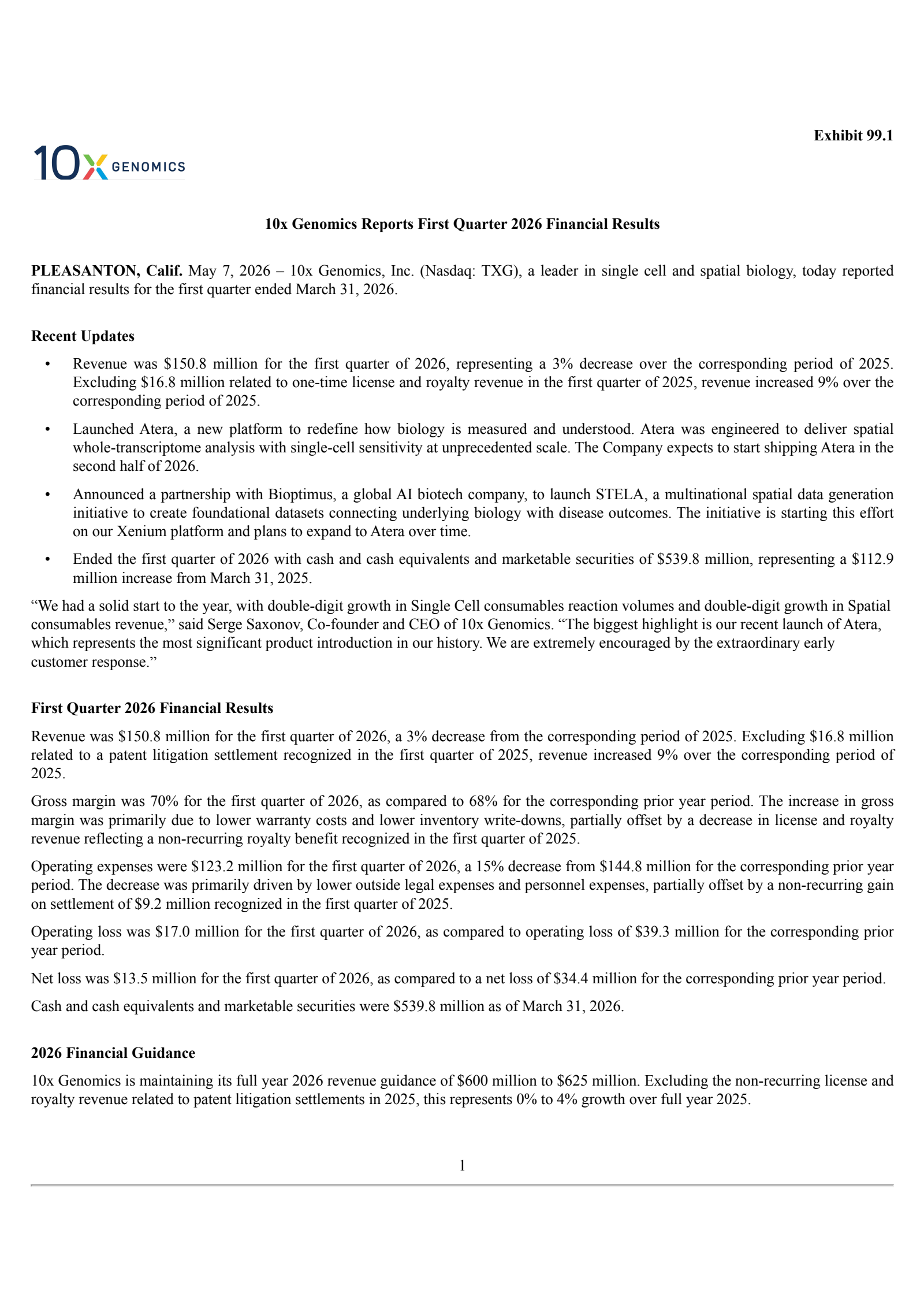 10x Genomics' Q1 2026 Press Release