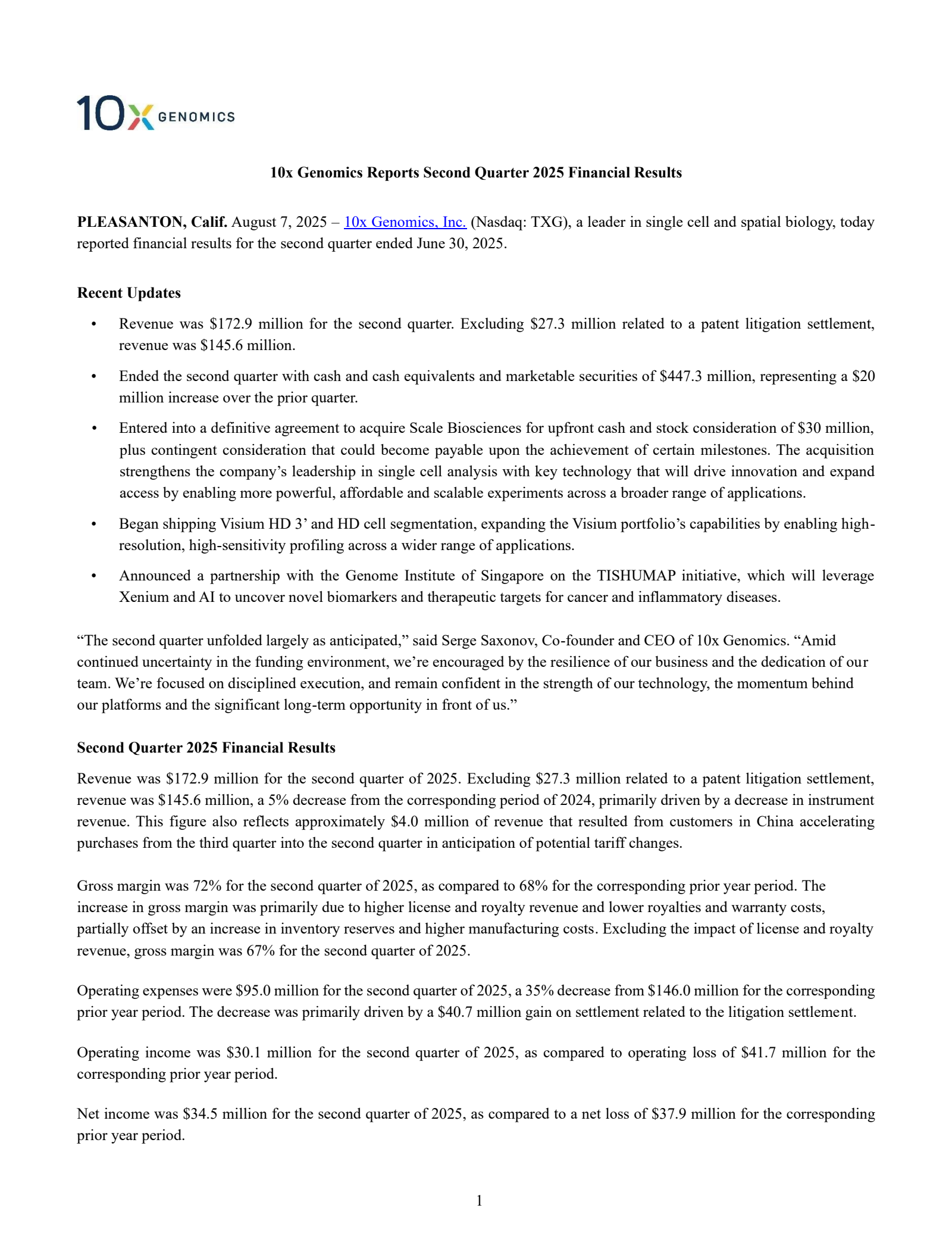 10x Genomics' Q2 2025 Press Release