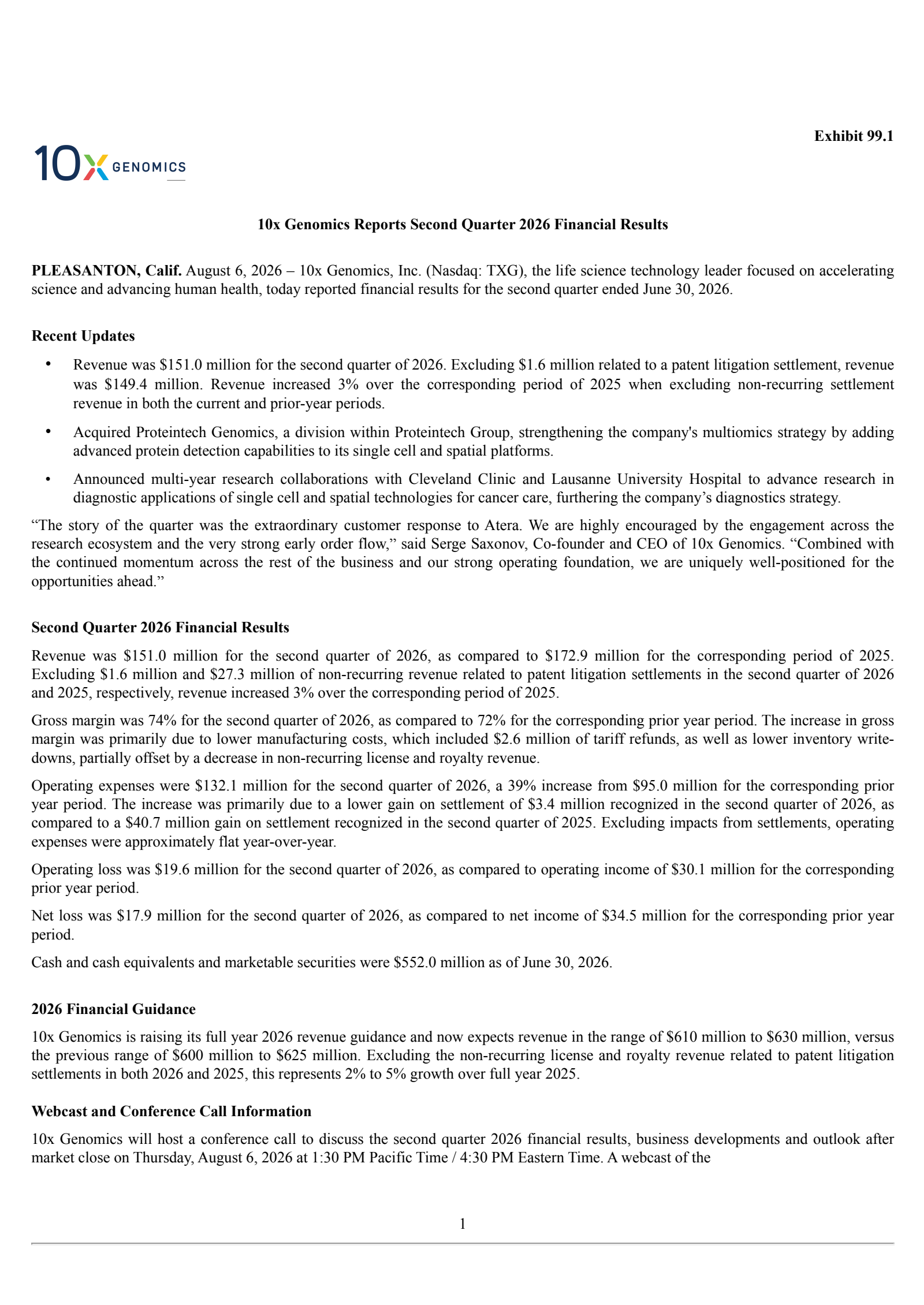 10x Genomics' Q2 2026 Press Release