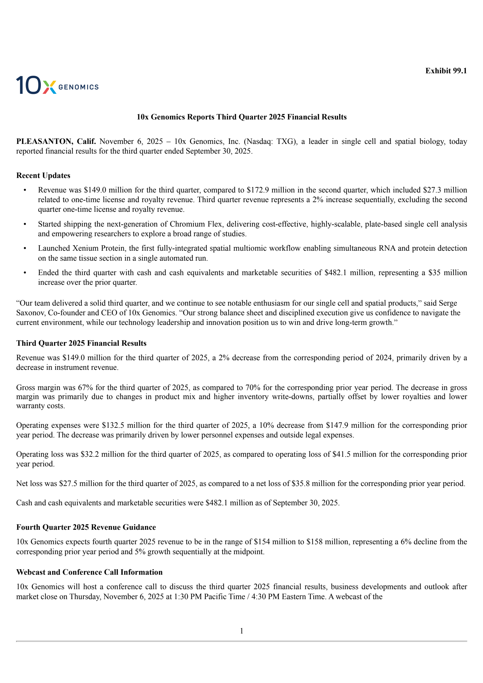 10x Genomics' Q3 2025 Earnings Release