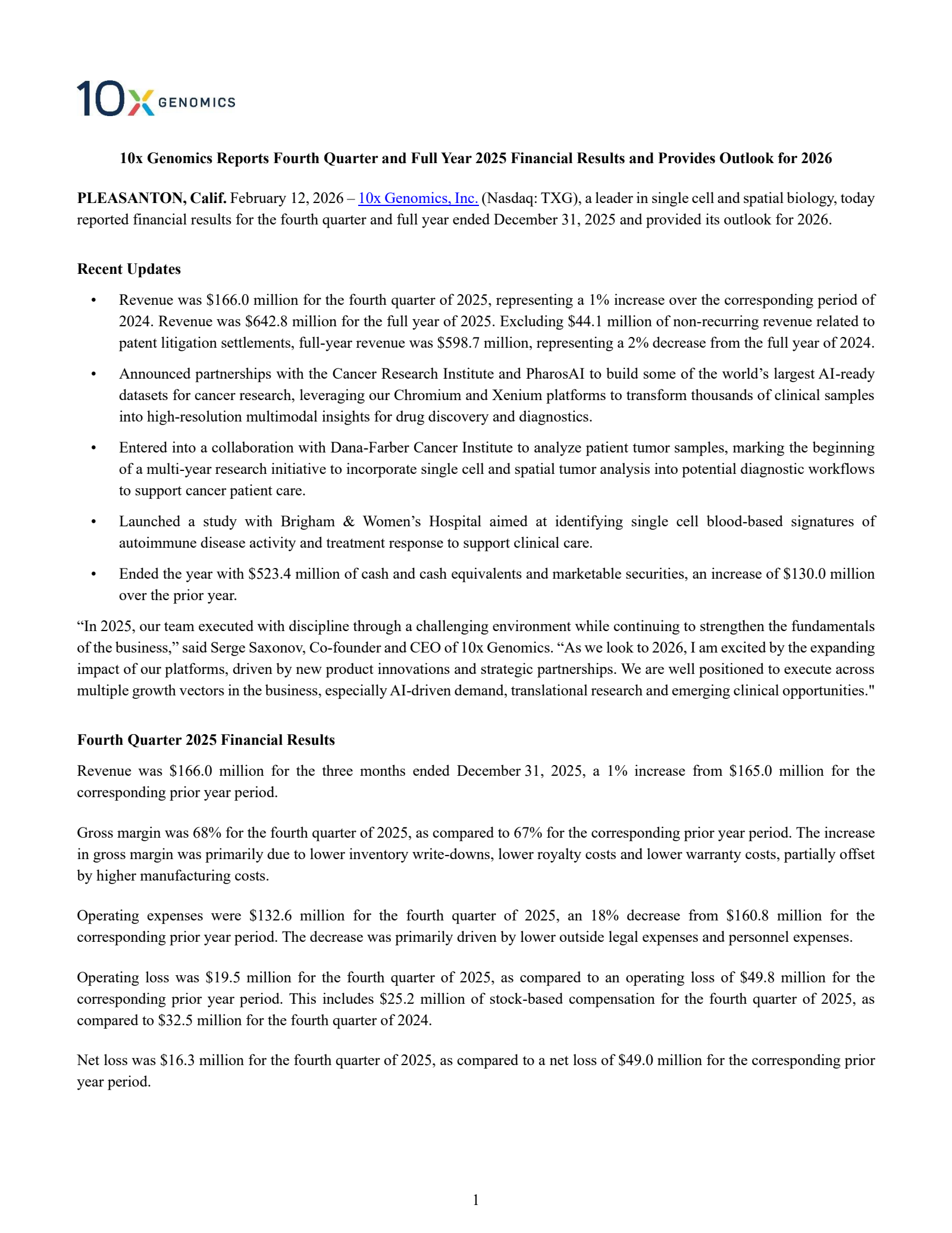 10x Genomics' Q4 2025 Press Release