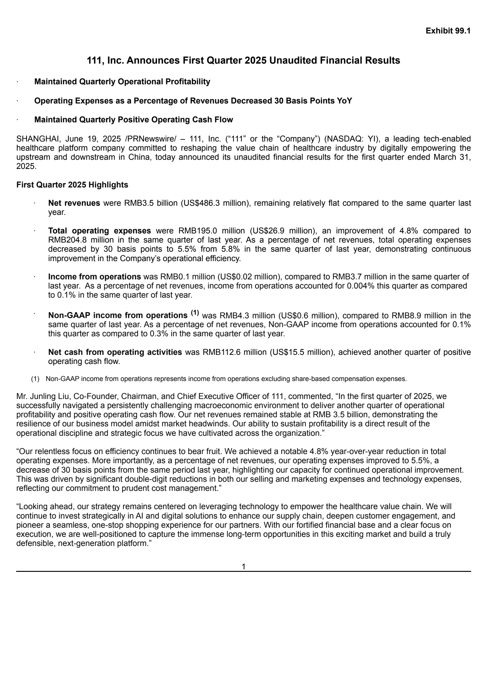 111's Q1 2025 Press Release
