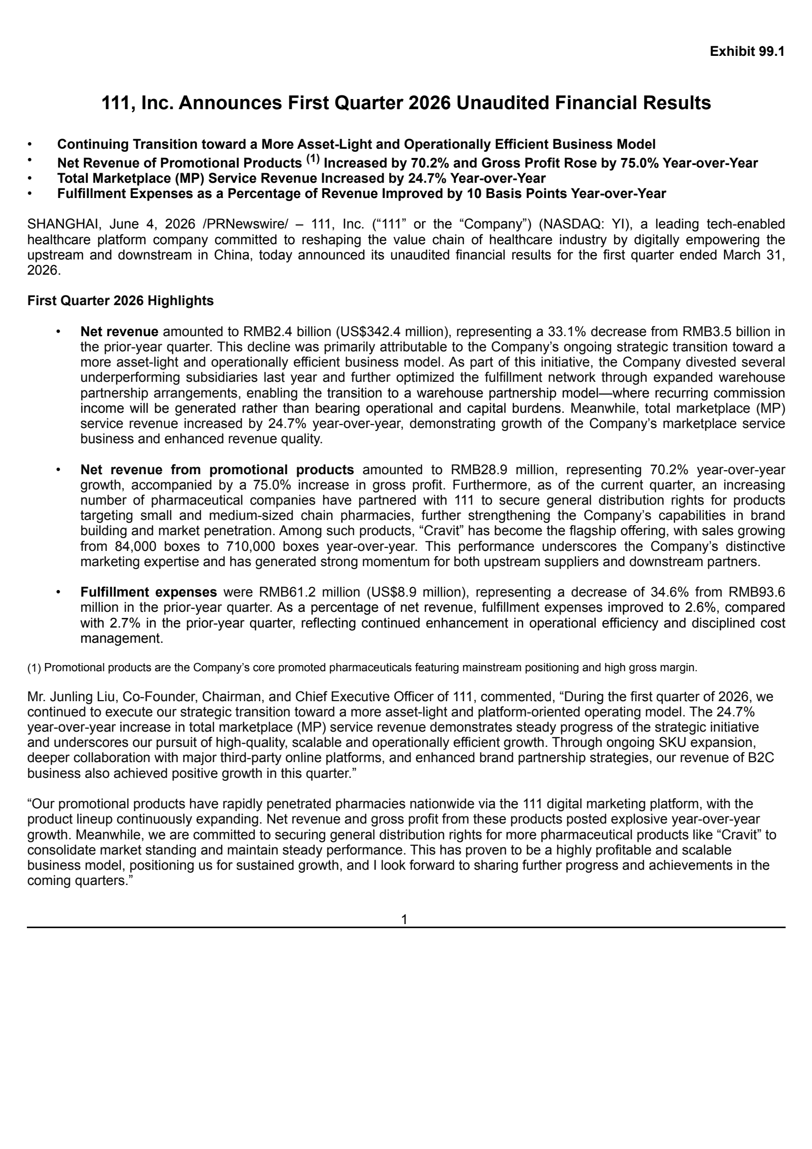111's Q1 2026 Press Release