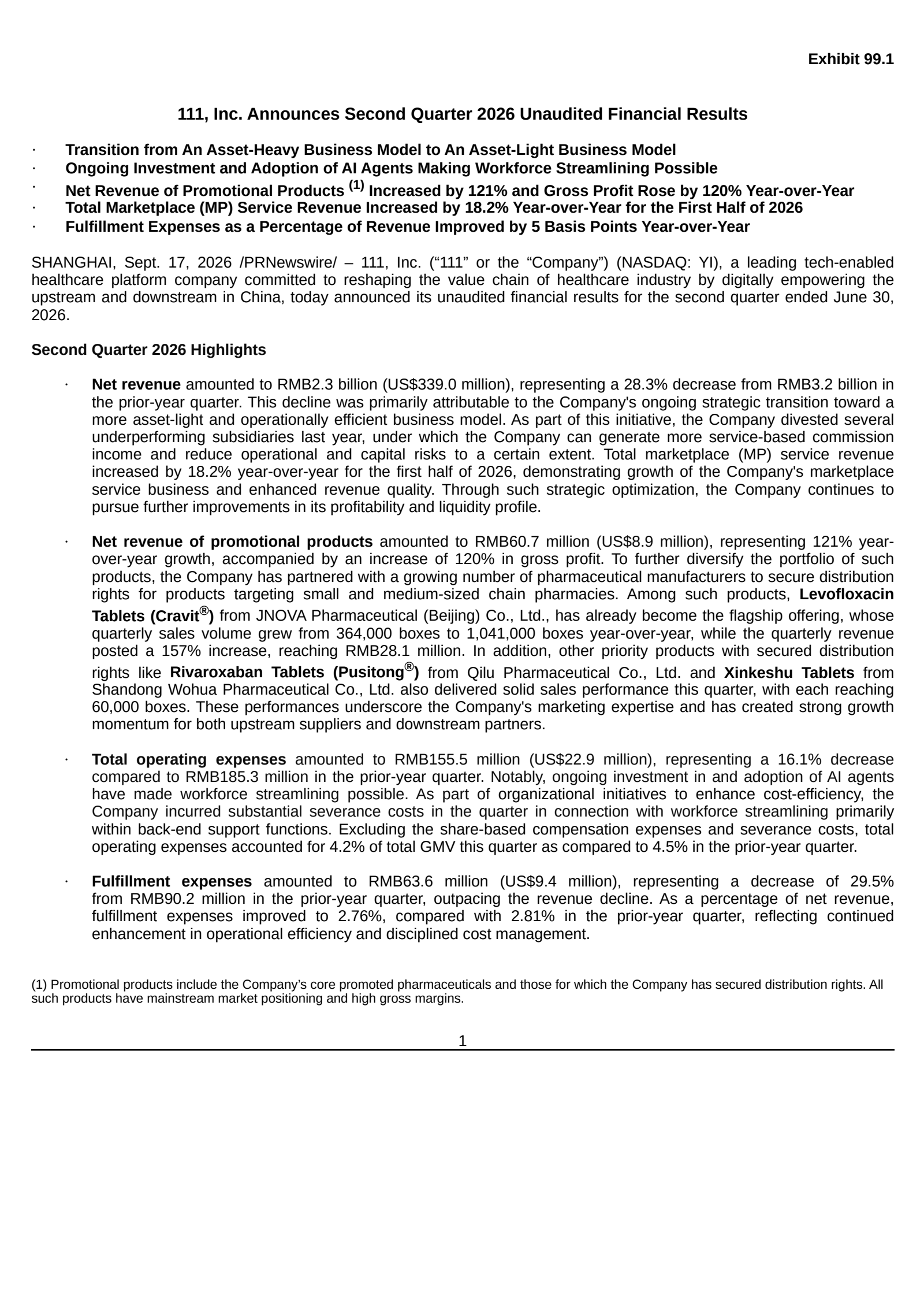 111's Q2 2026 Press Release