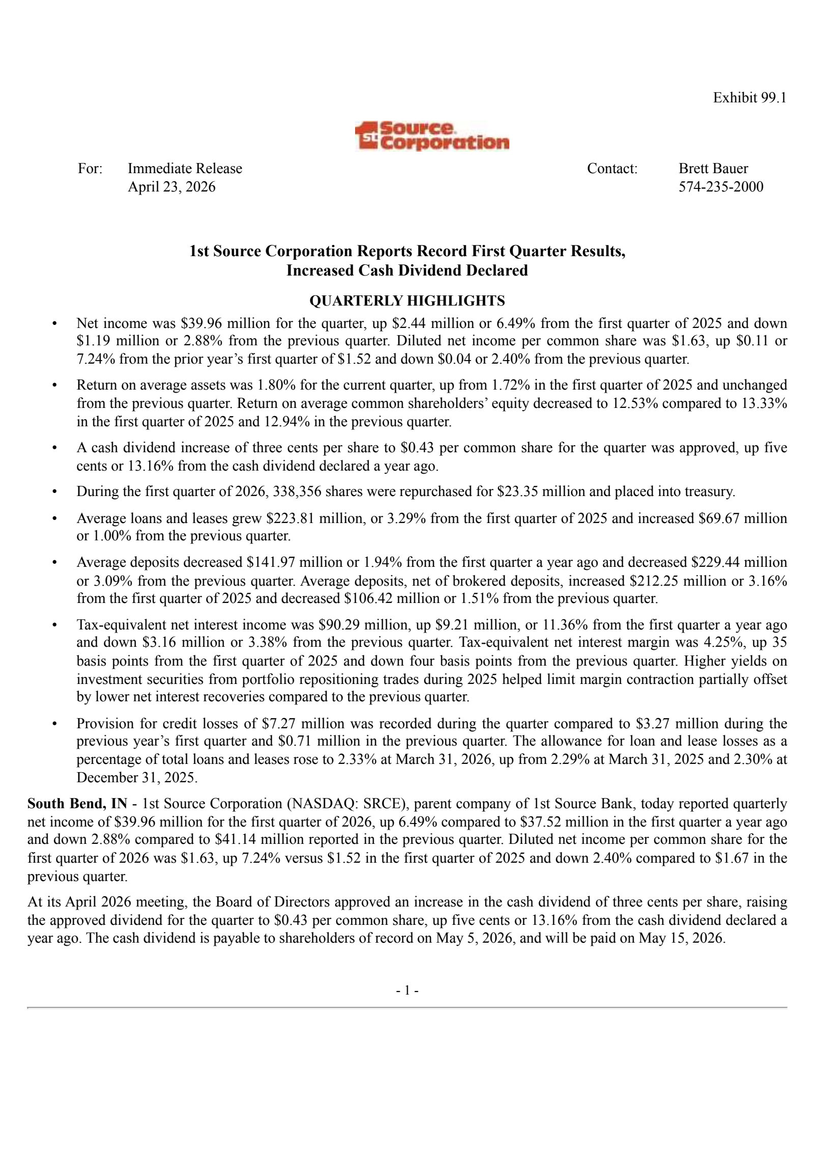 1st Source's Q1 2026 Press Release