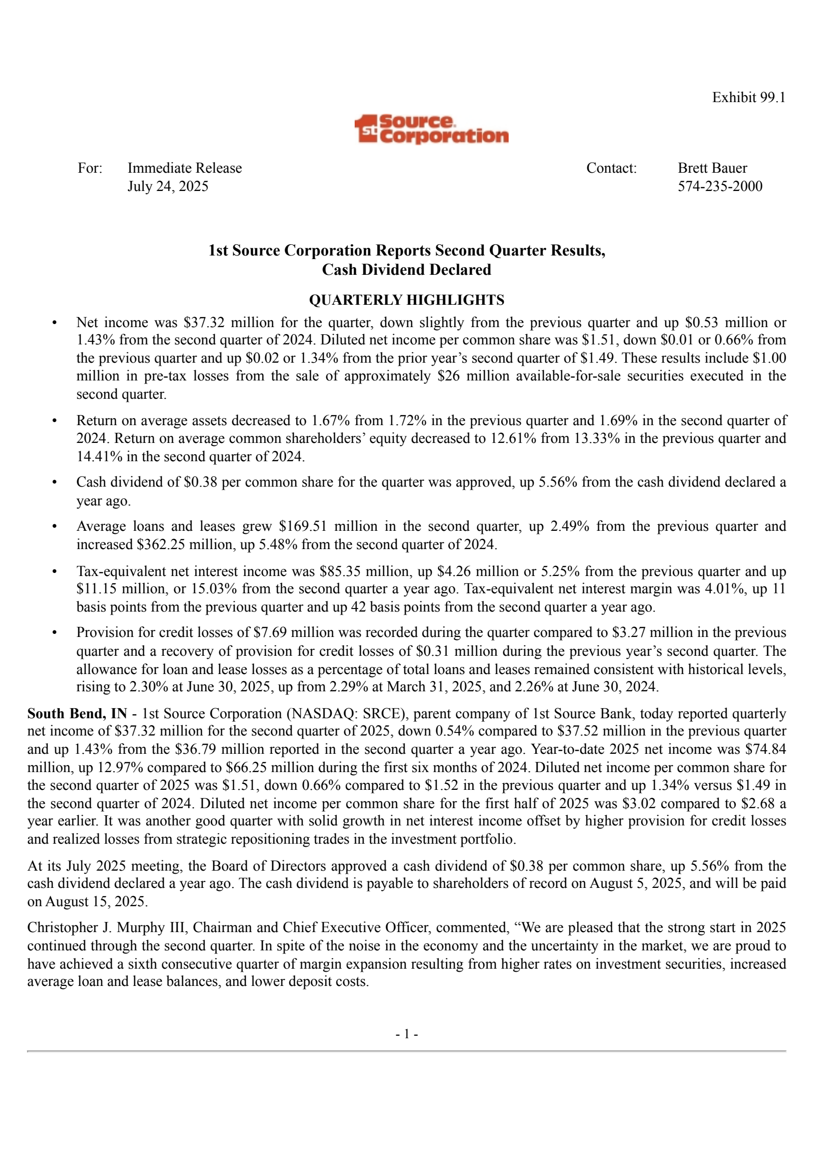 1st Source's Q2 2025 Press Release