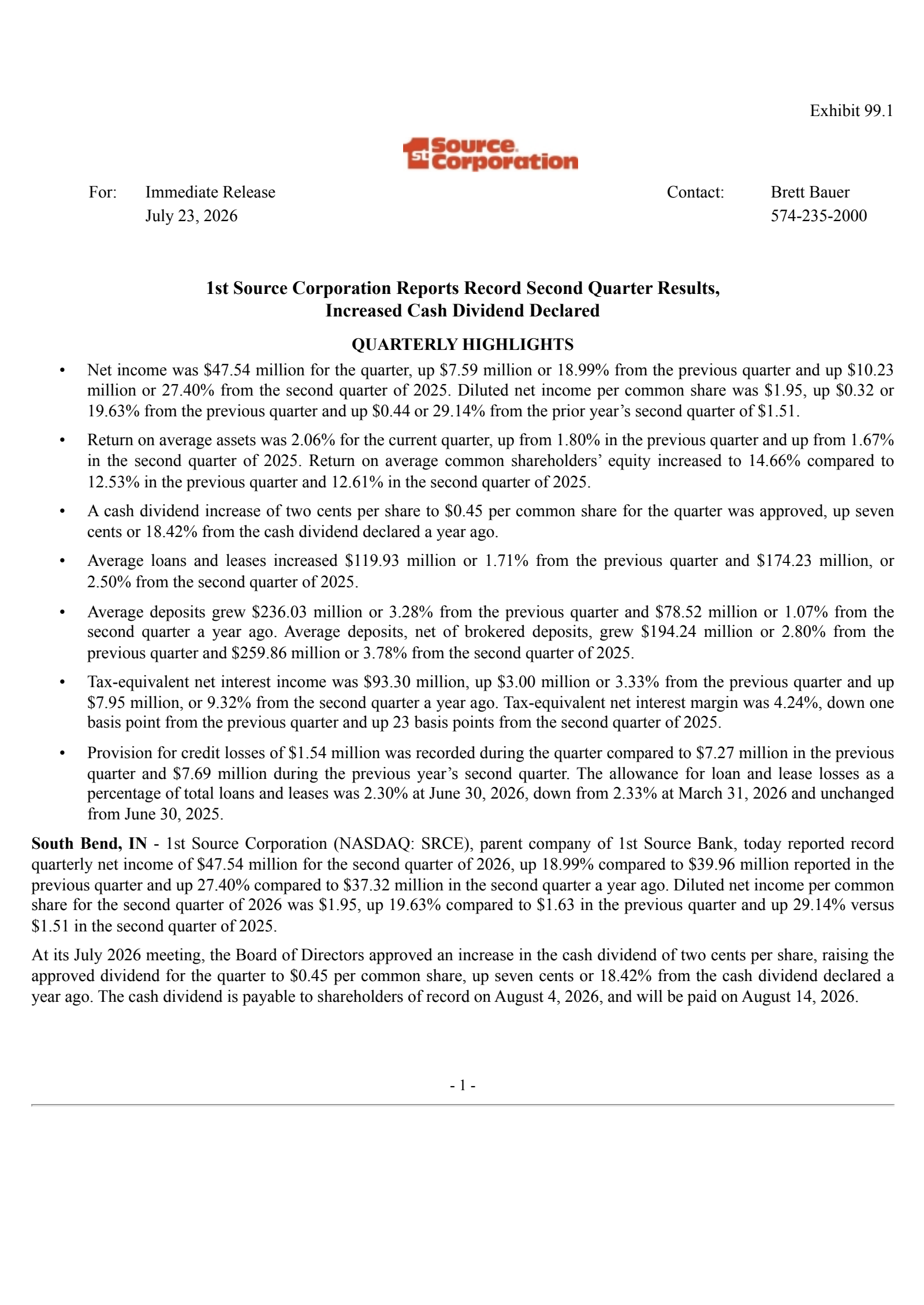 1st Source's Q2 2026 Press Release