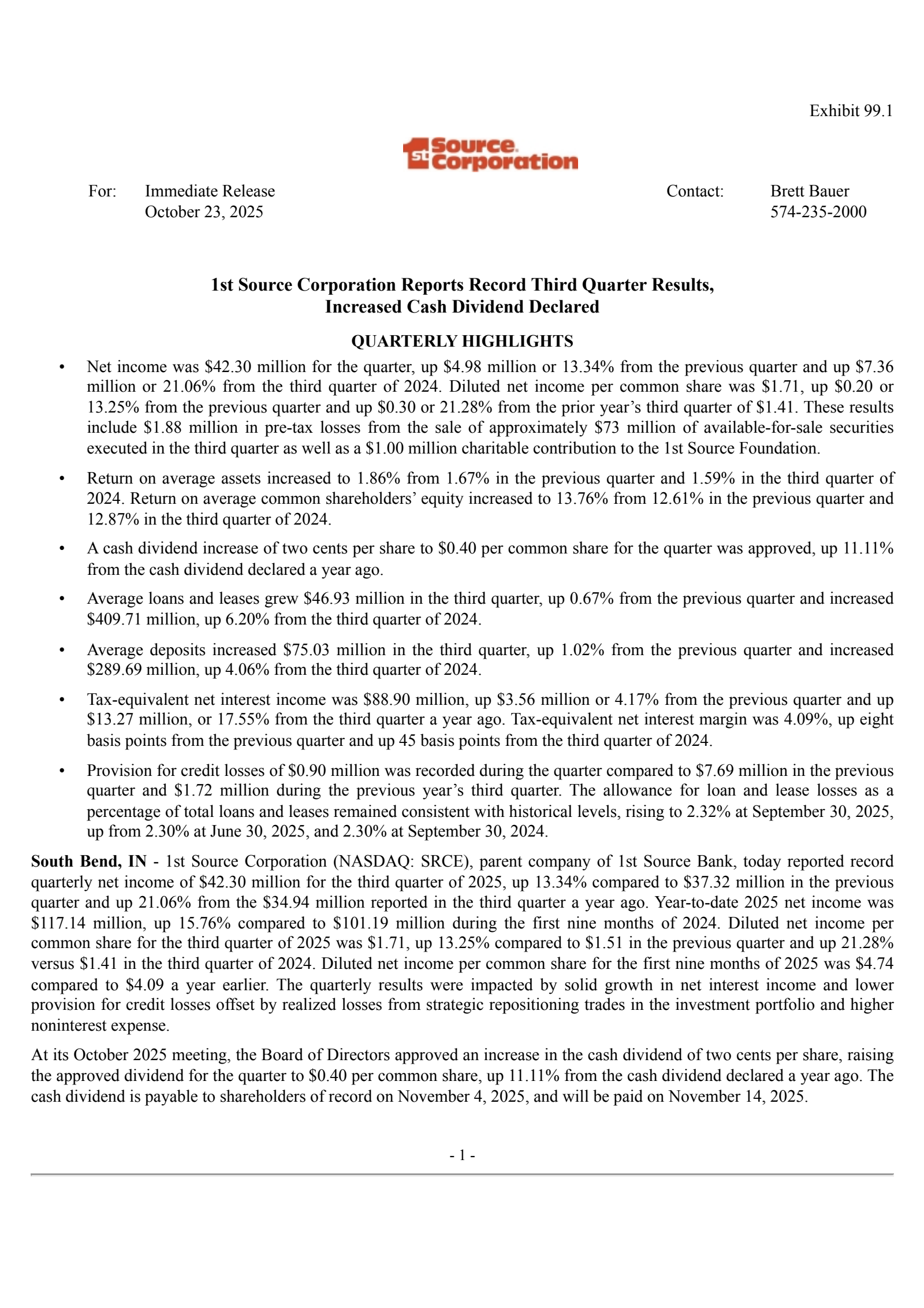 1st Source's Q3 2025 Earnings Release