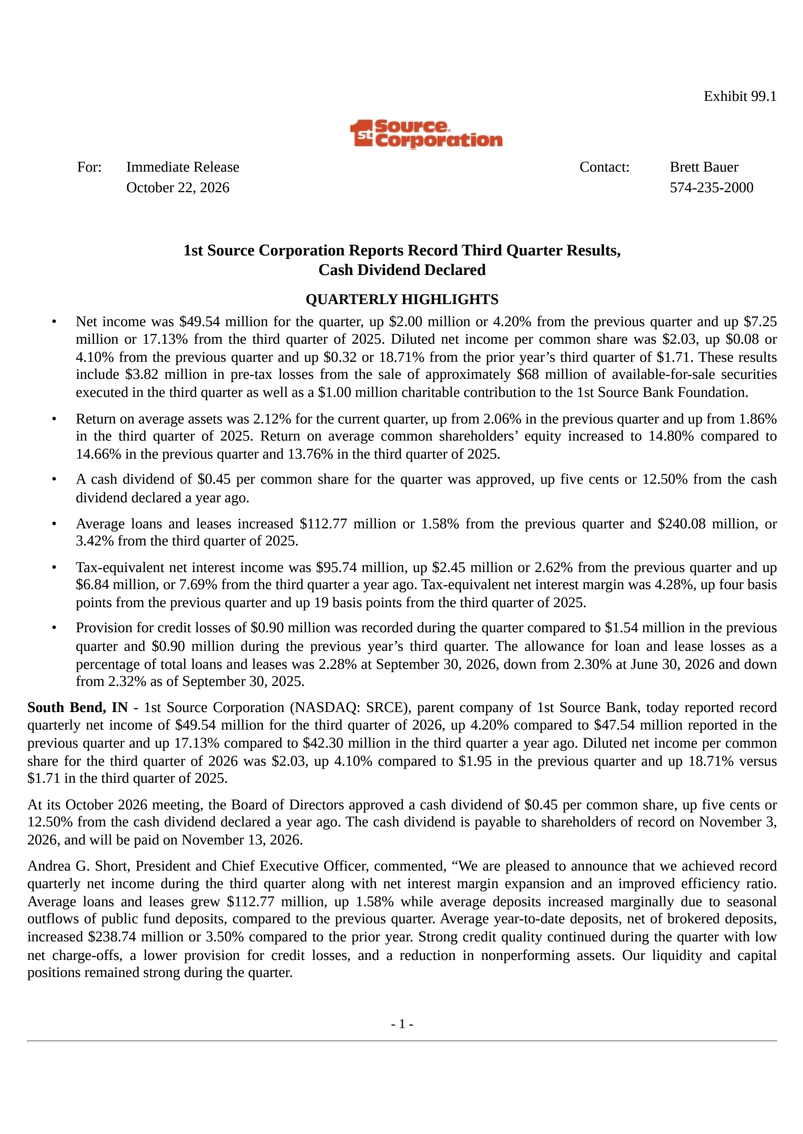 1st Source (SRCE) Q3 2026 Earnings Results & Report