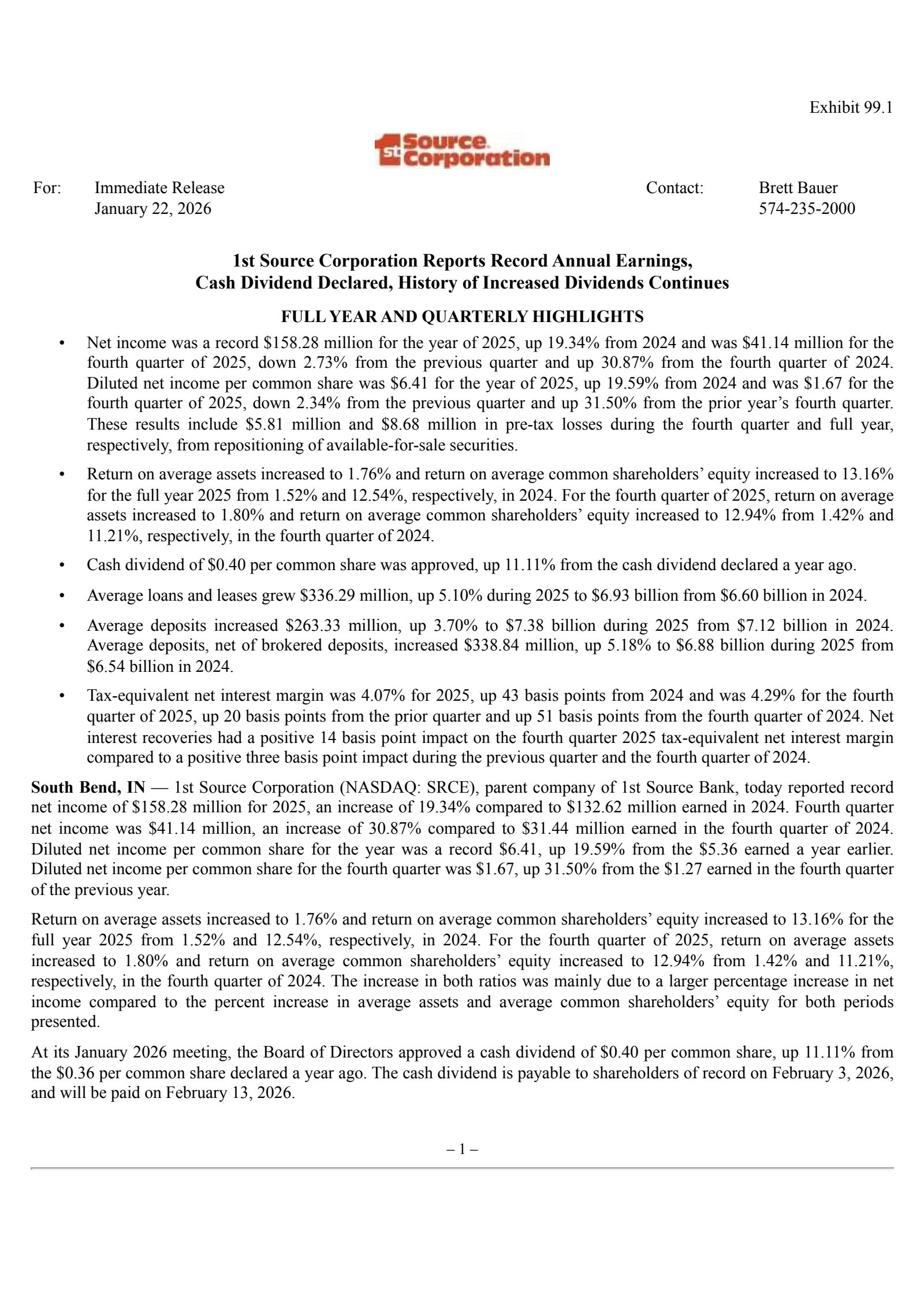 1st Source's Q4 2025 Press Release