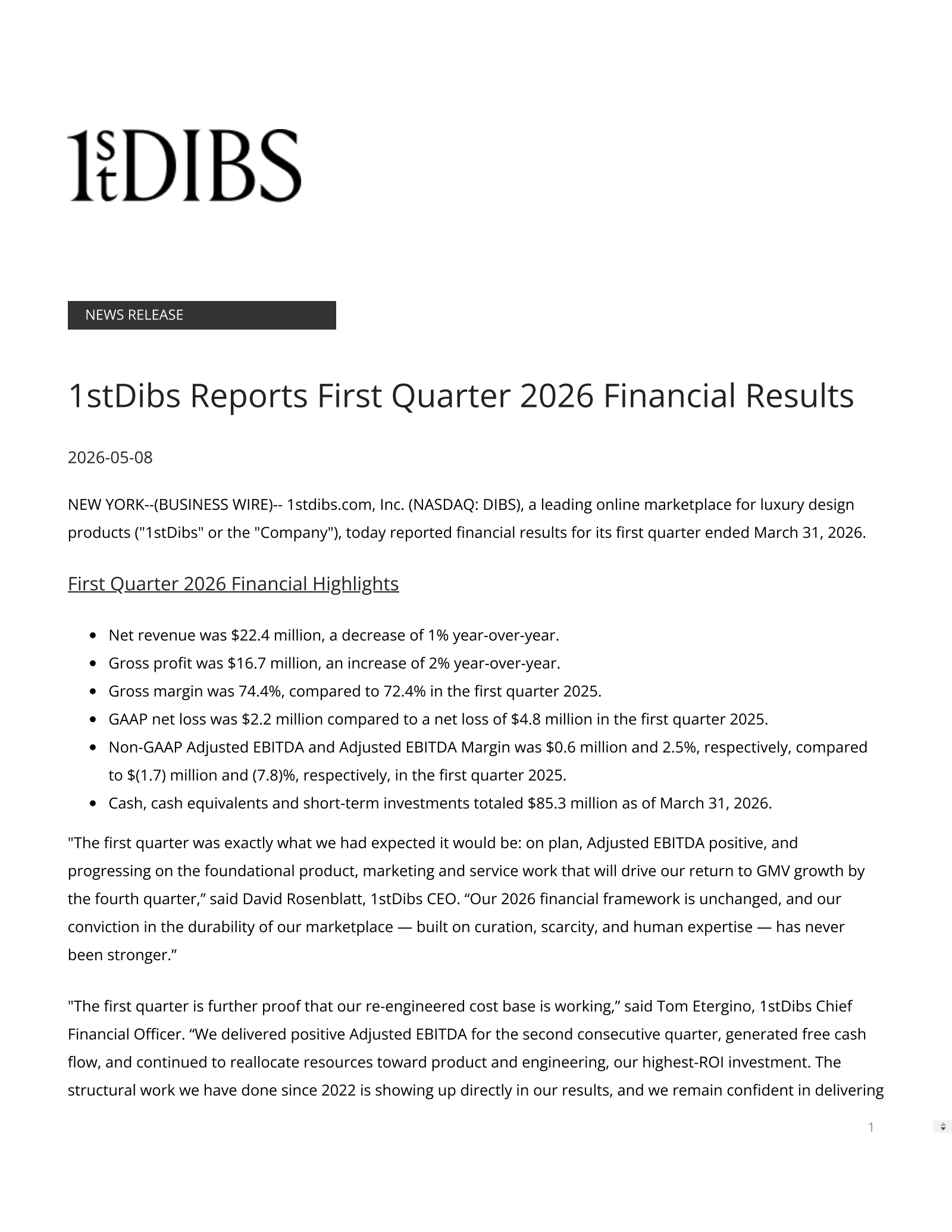 1stdibs.com's Q1 2026 Press Release