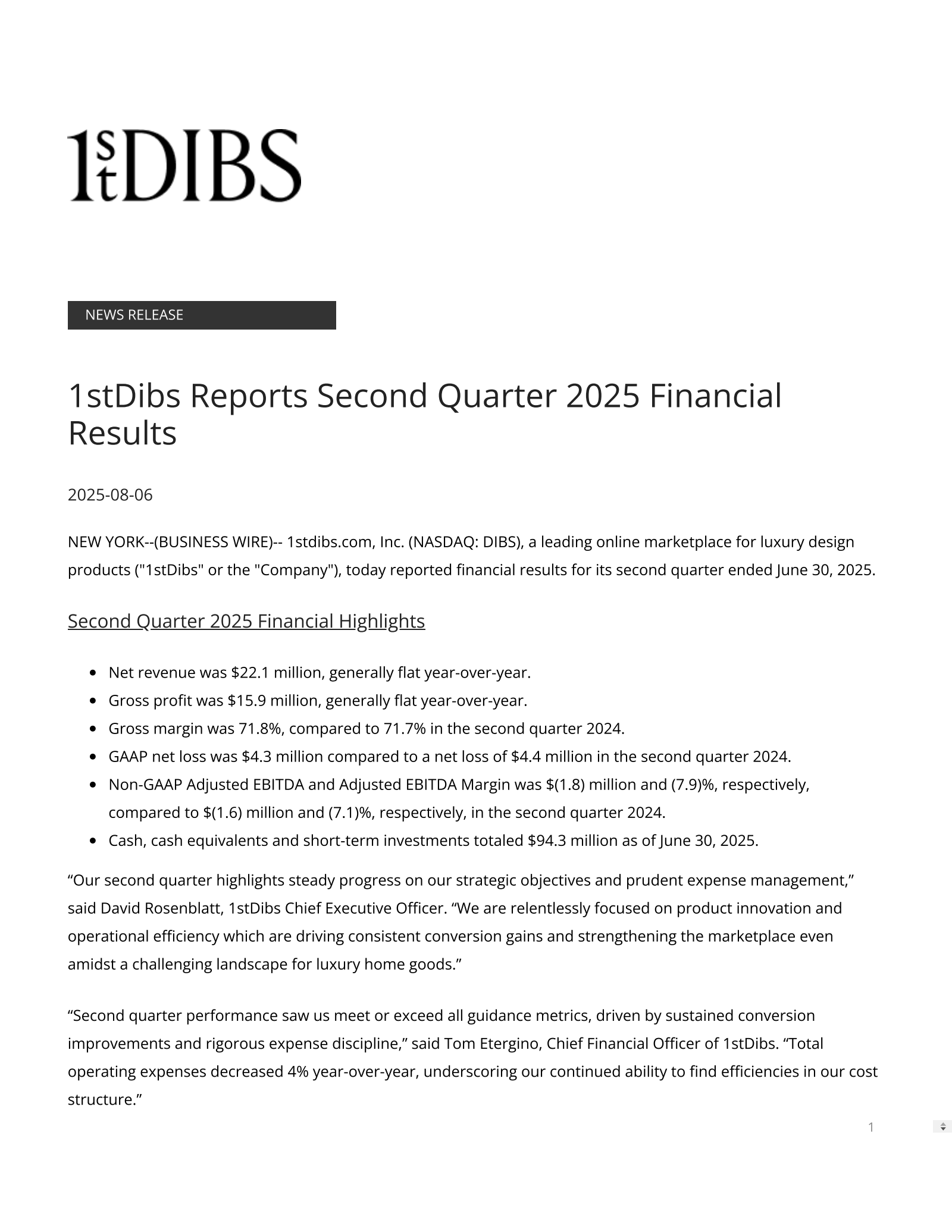 1stdibs.com's Q2 2025 Press Release