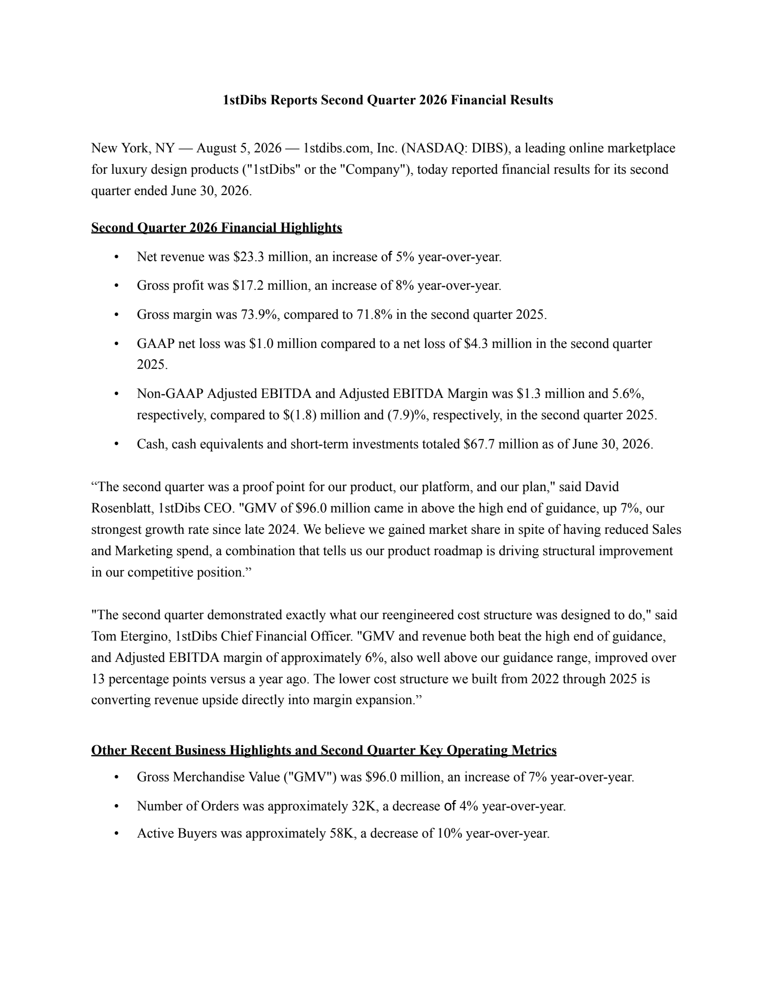 1stdibs.com's Q2 2026 Press Release