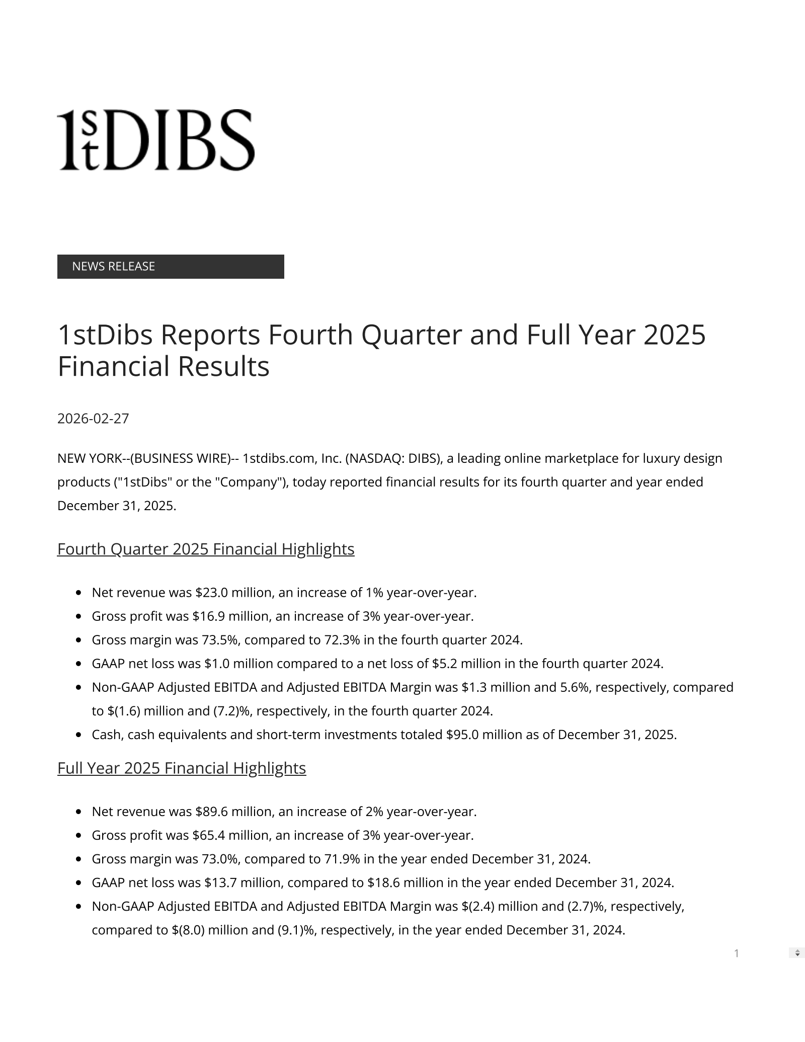 1stdibs.com's Q4 2025 Press Release