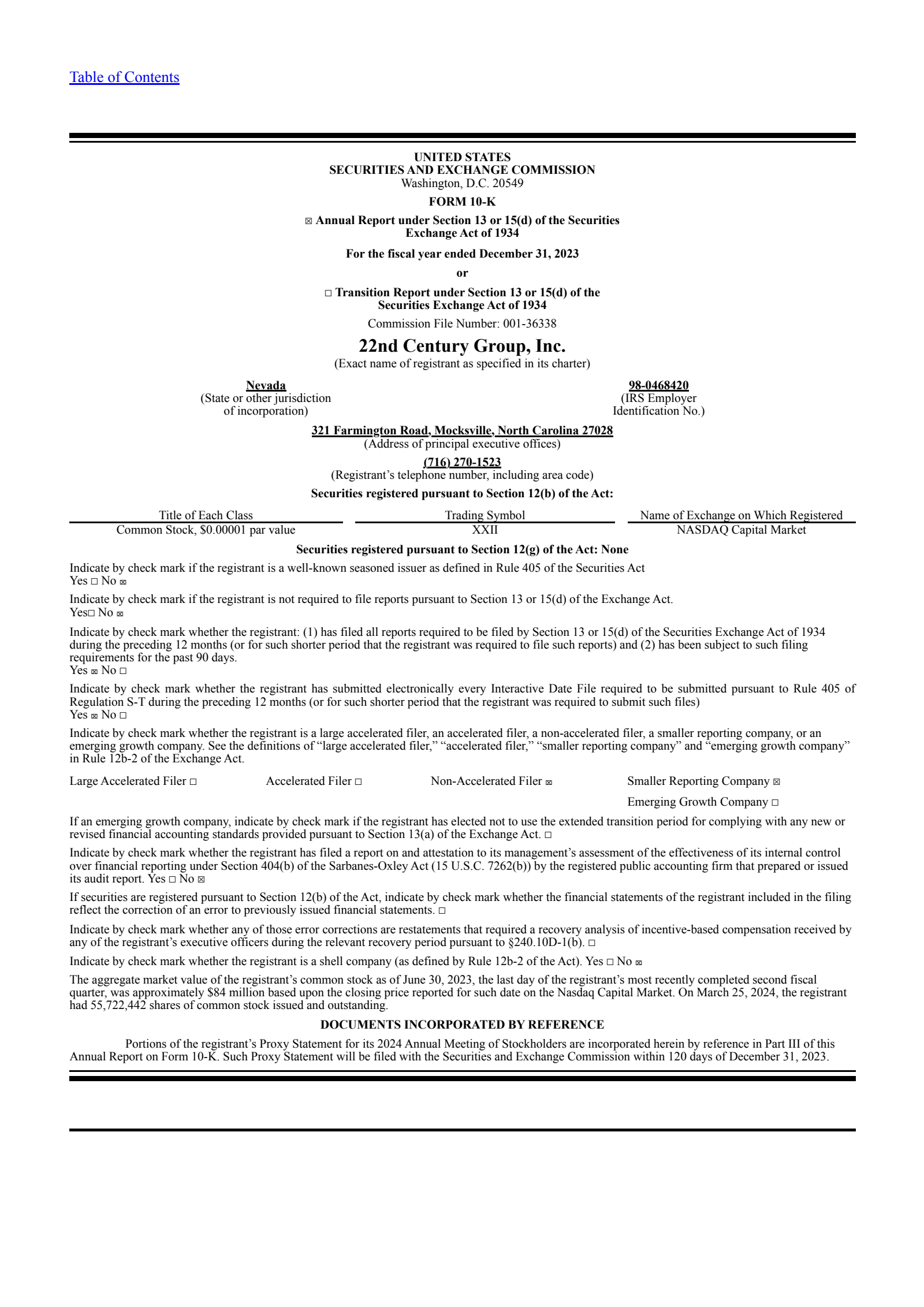 22nd Century Group's Q4 2023 Annual report