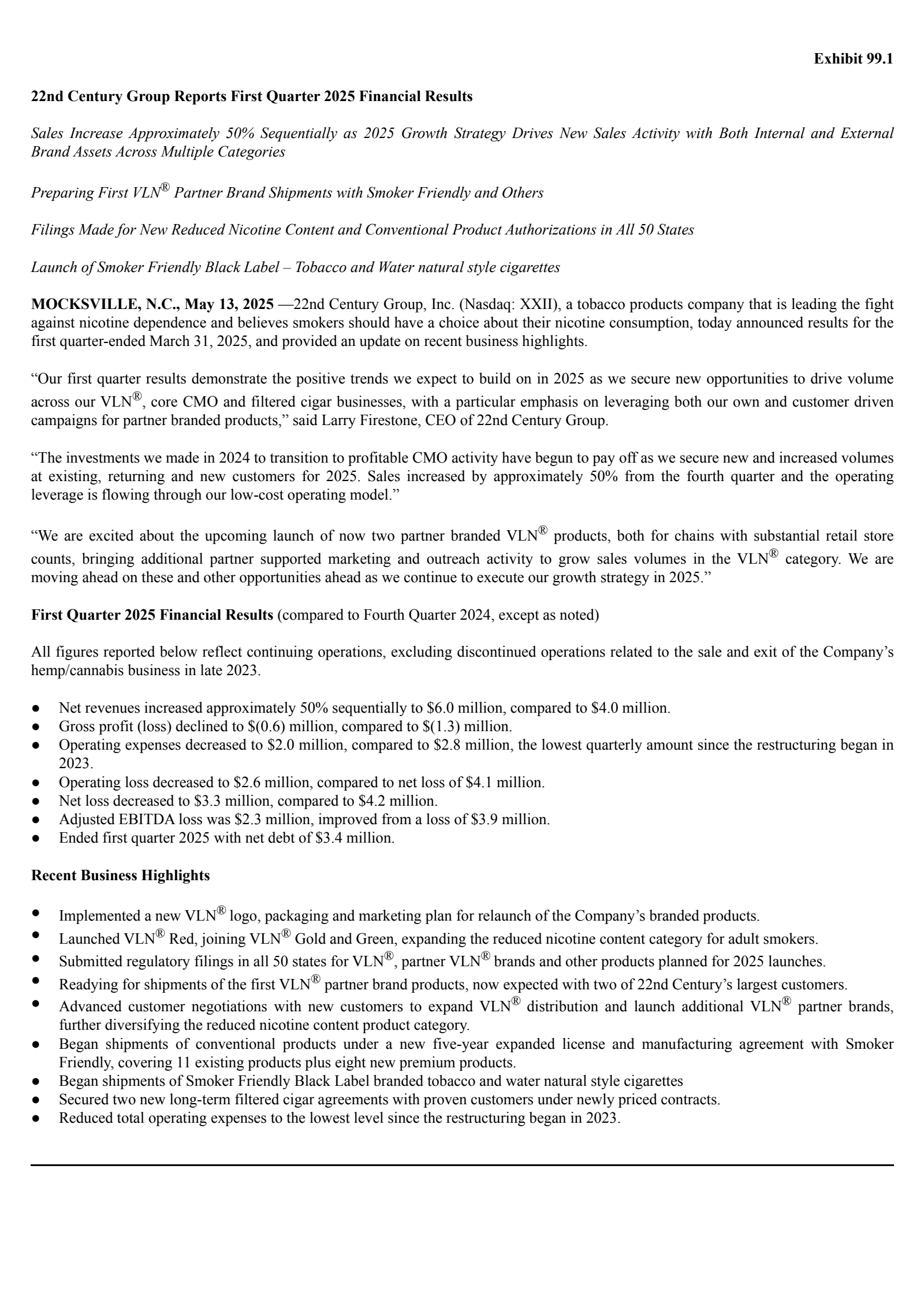 22nd Century Group's Q1 2025 Press Release