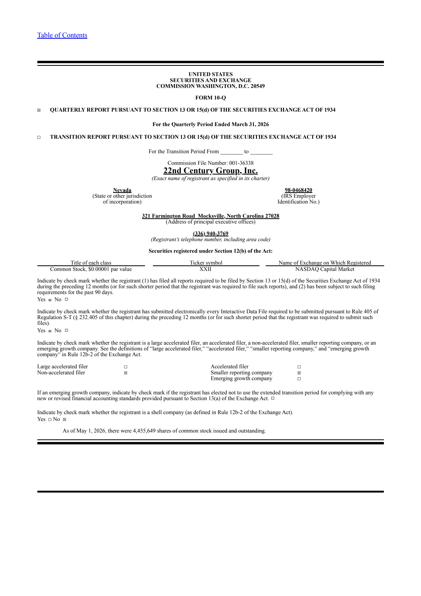 22nd Century Group's Q1 2026 Quarterly report